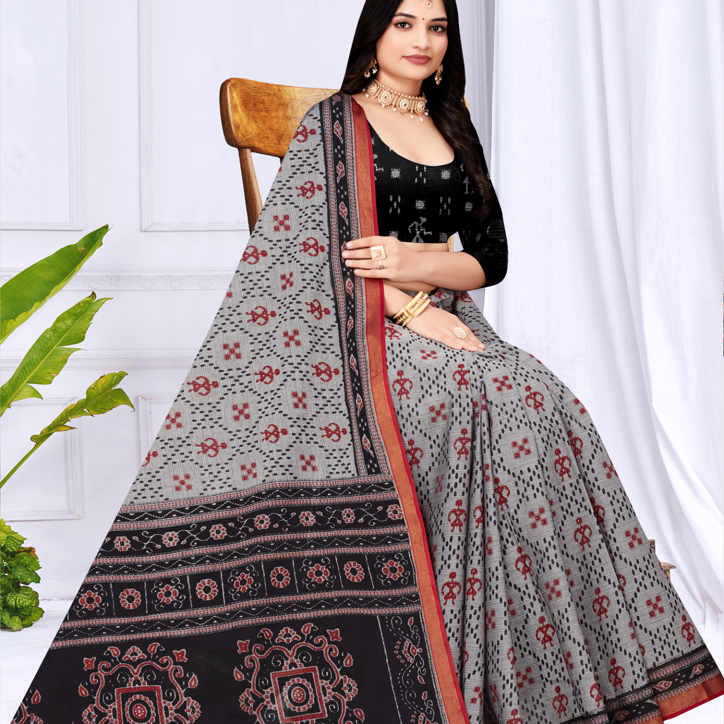 Grey & Black muslin saree