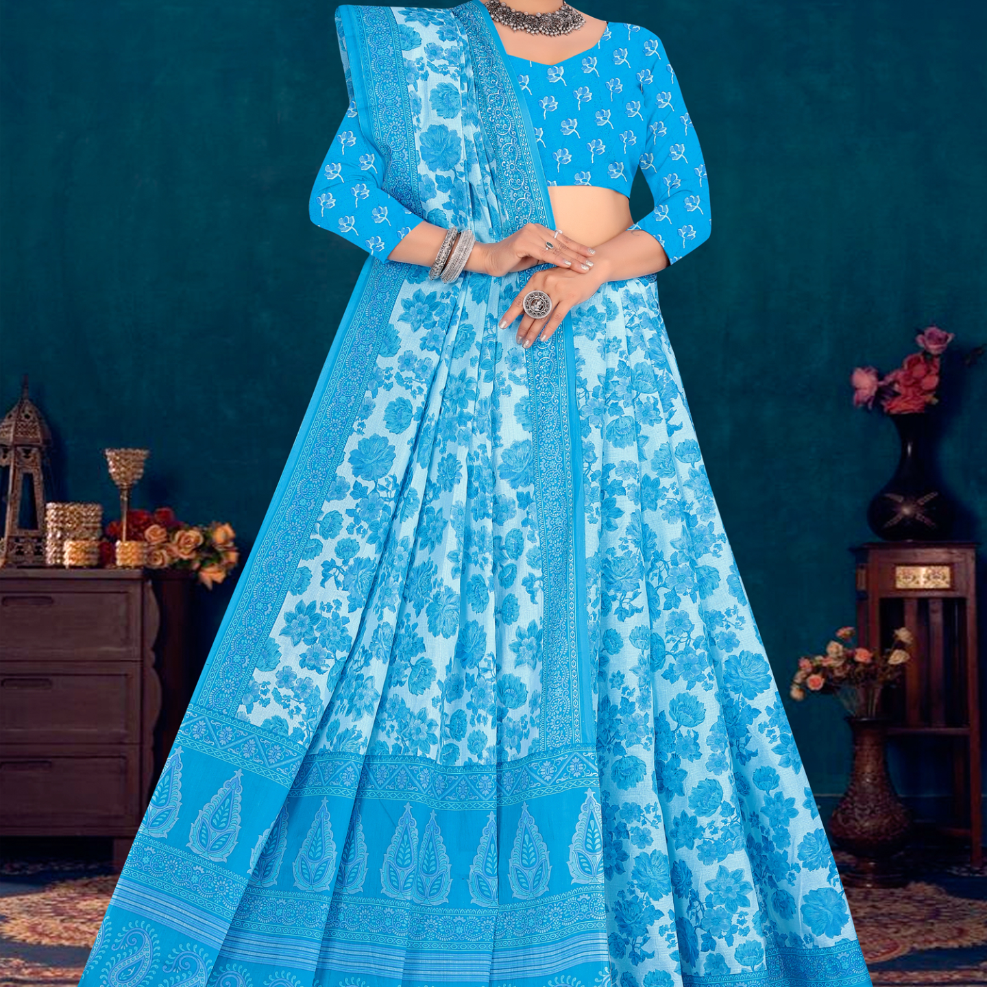 Light Blue cotton saree [sku:KN-66605]