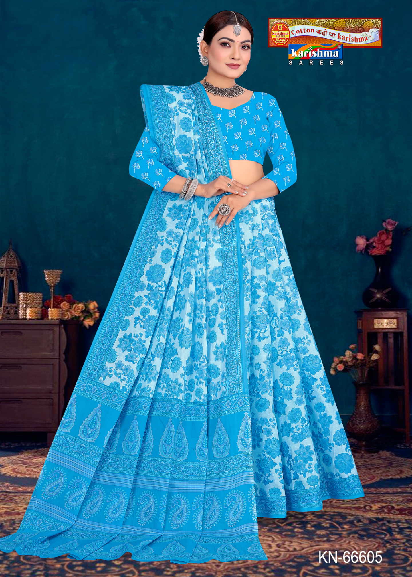 Light Blue cotton saree [sku:KN-66605]