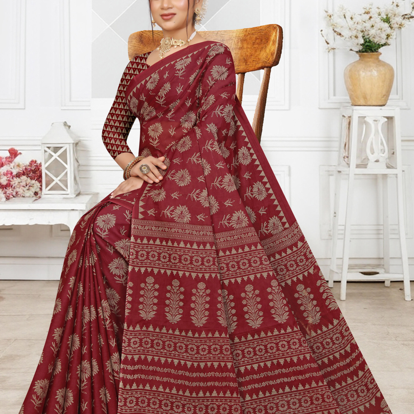 Maroon Red cotton saree