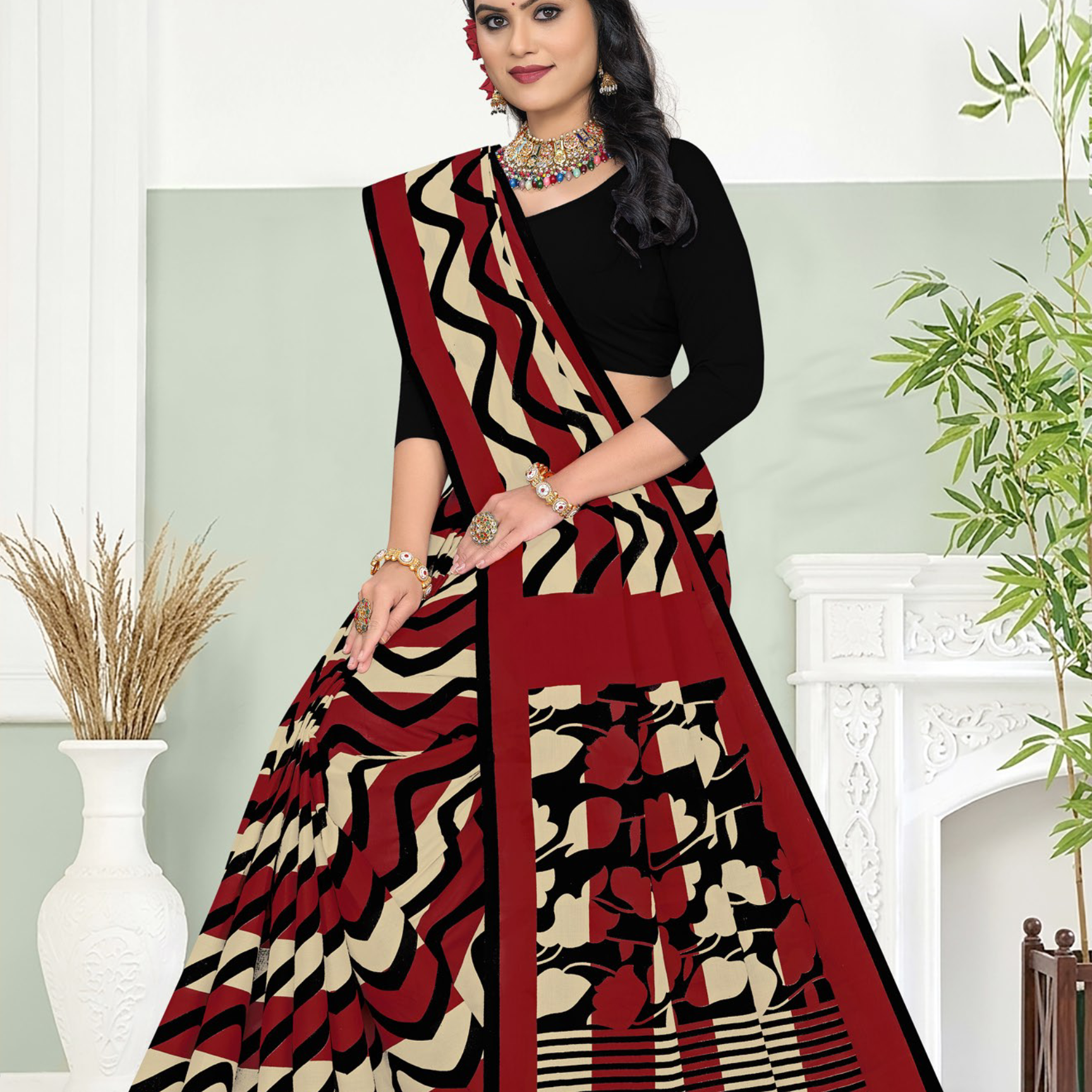 Red, Black & Beige soft cotton saree [sku:BV-23730]