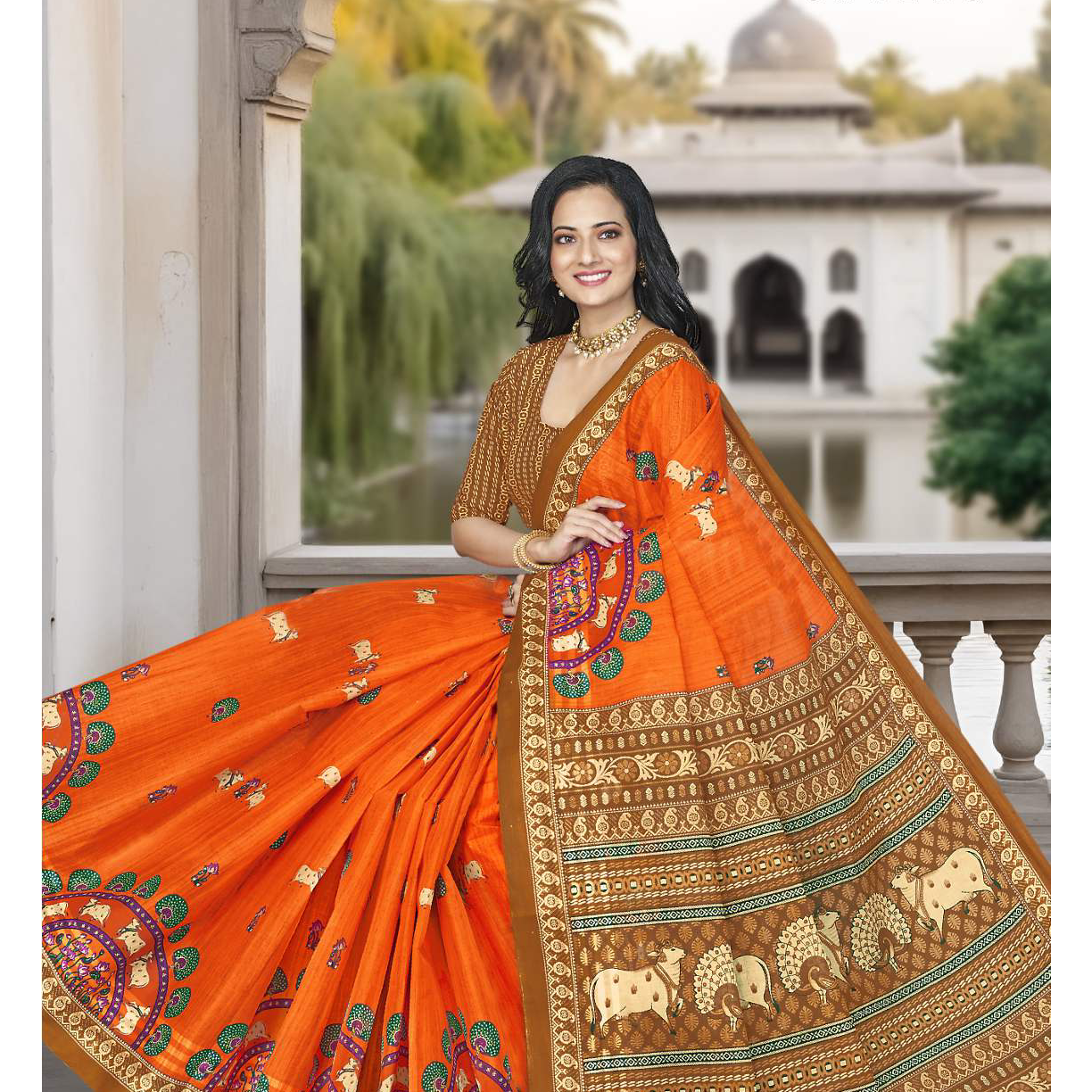 Bright Orange cotton saree [sku:59443]