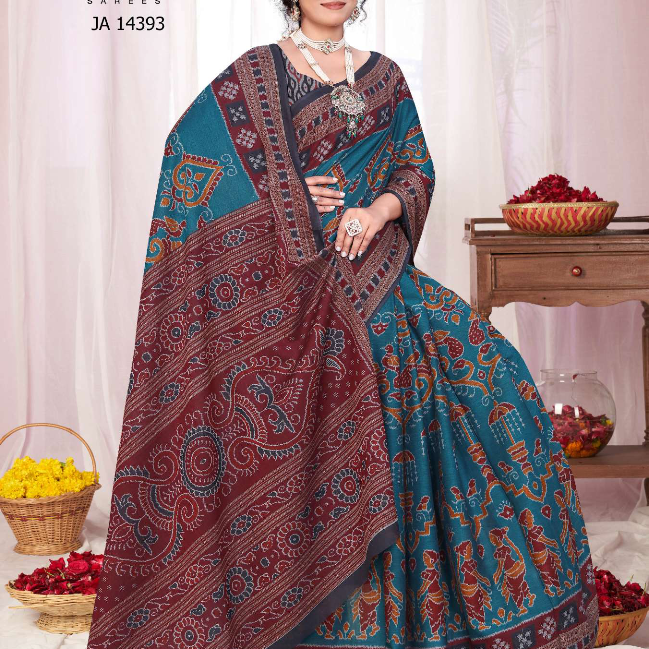 Teal Blue & Maroon muslin saree