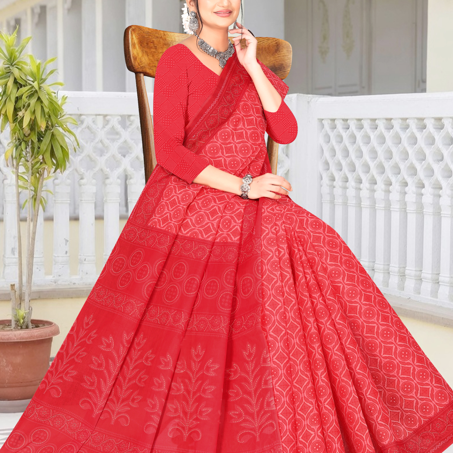 Red cotton saree