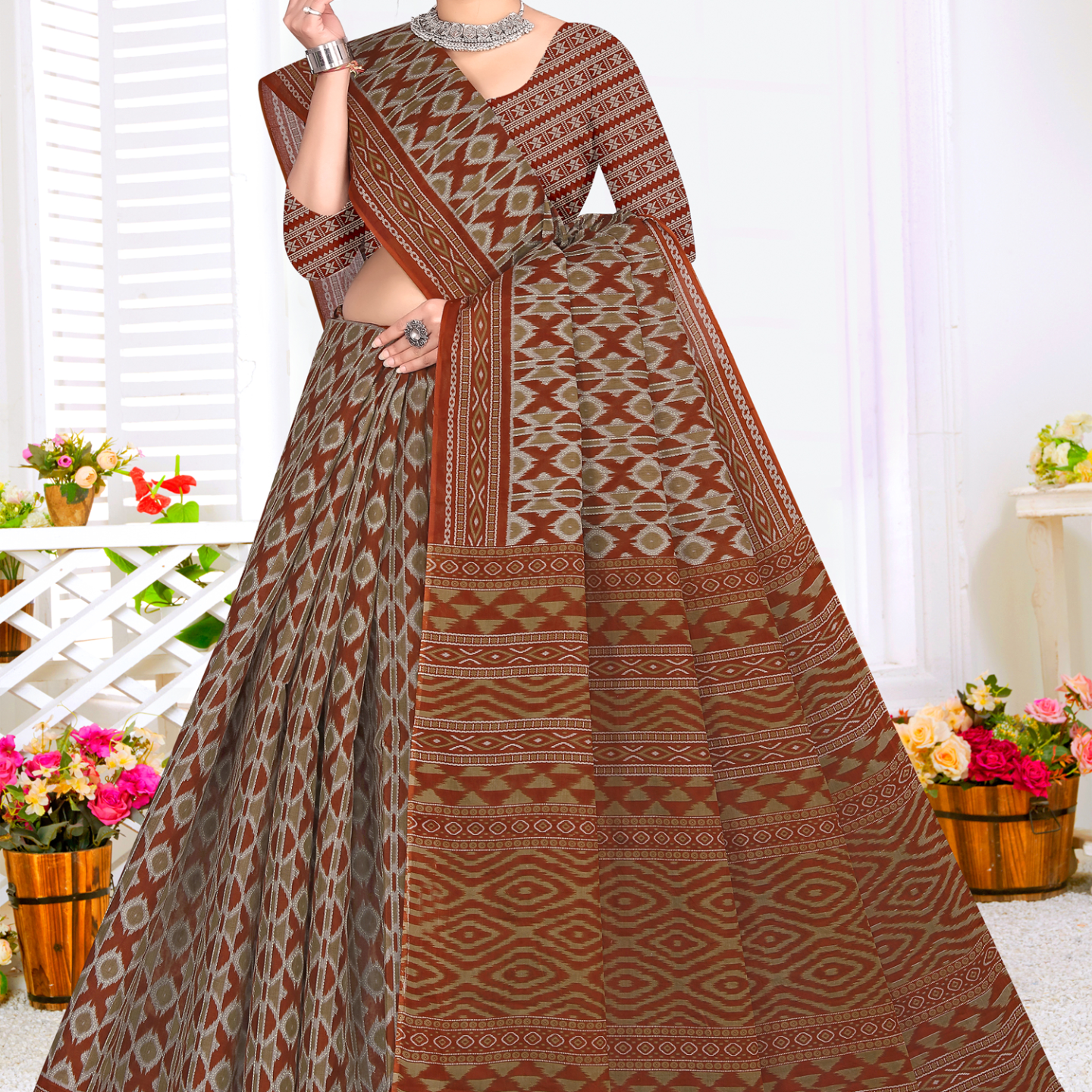 Brown & Grey cotton saree [sku:KN-67242]