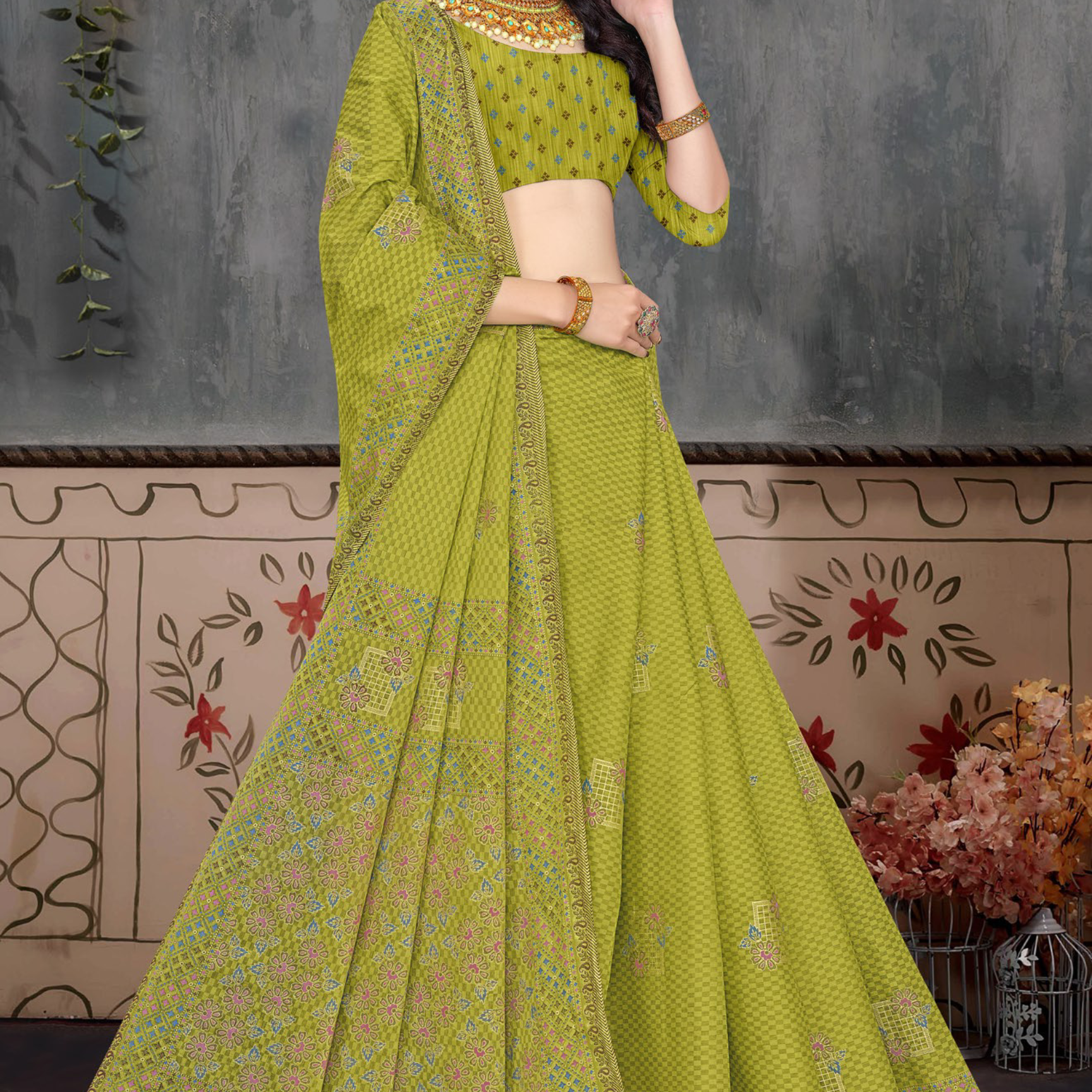 Olive Green cotton saree [sku:BV-18641]