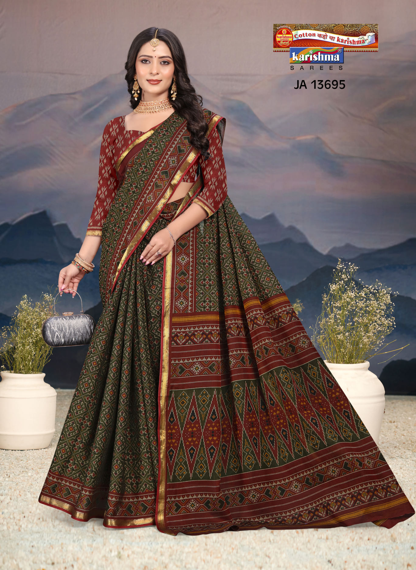 Olive Green and Red muslin saree [sku:JA 13695]