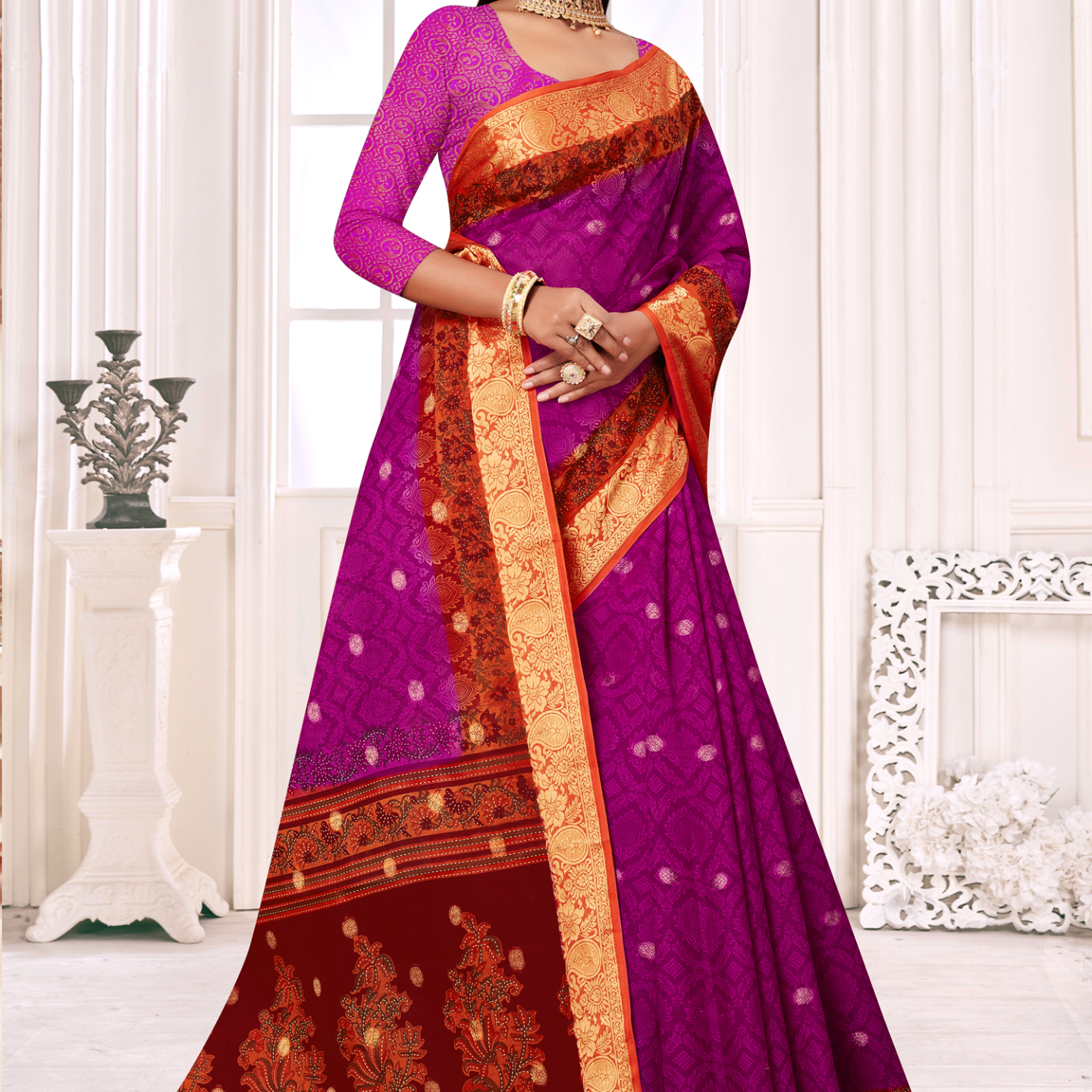 Purple and Red malai saree [sku:KN-66901]