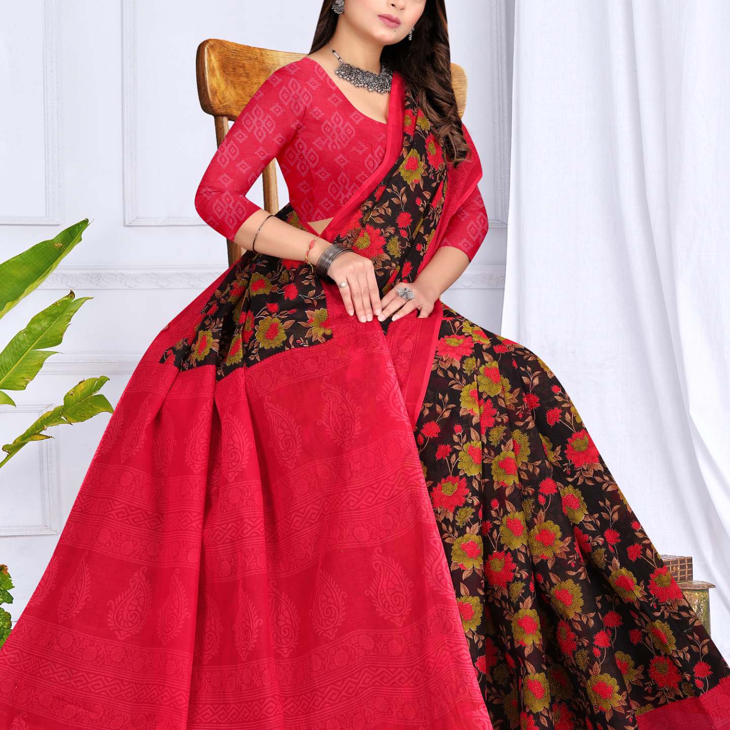 Red and Black cotton saree