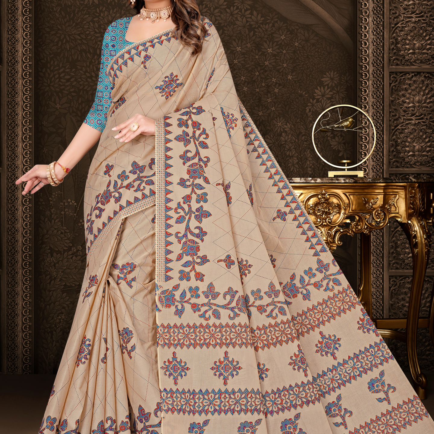 Beige & Blue cotton saree [sku:KN-63329]