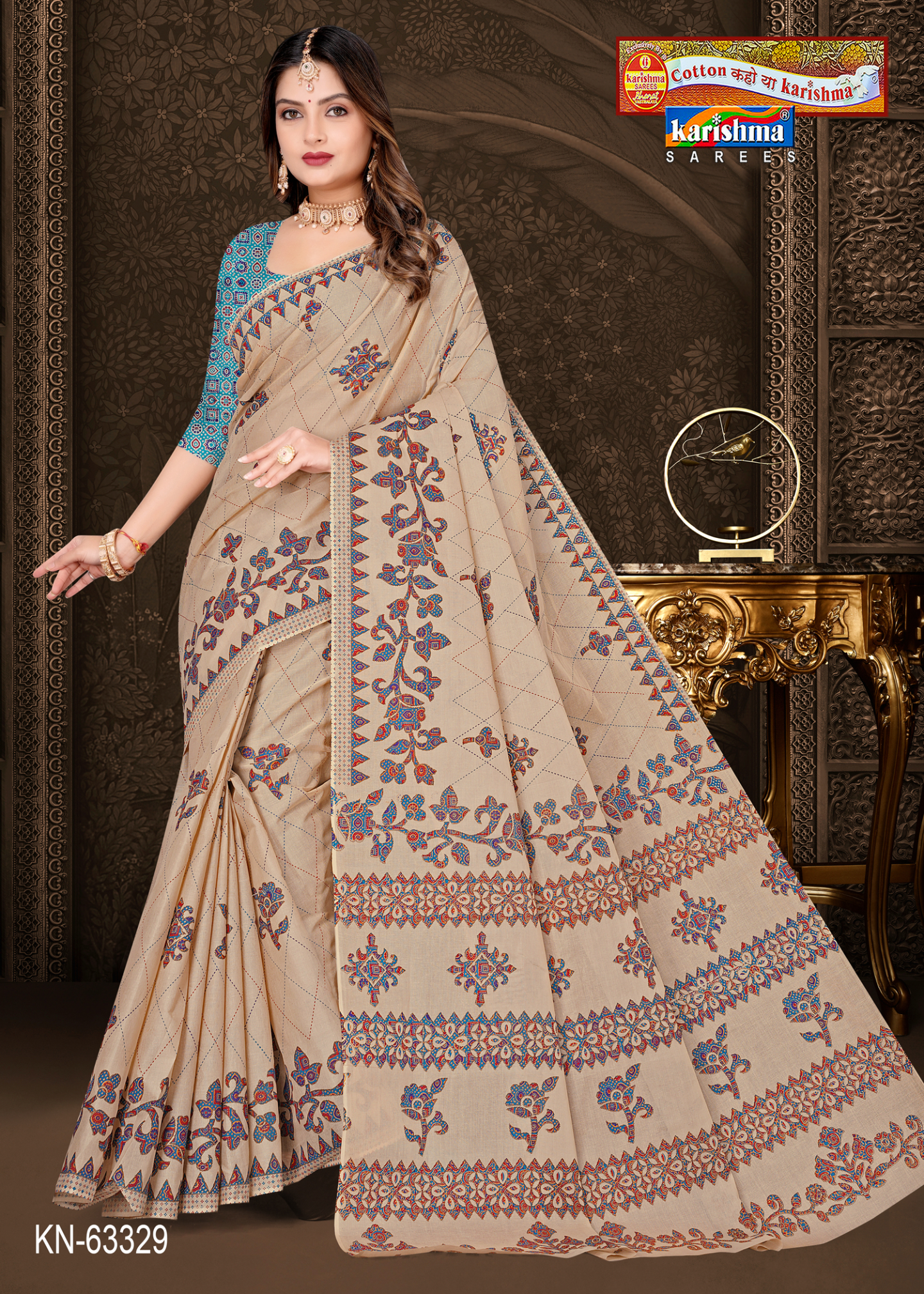 Beige & Blue cotton saree [sku:KN-63329]
