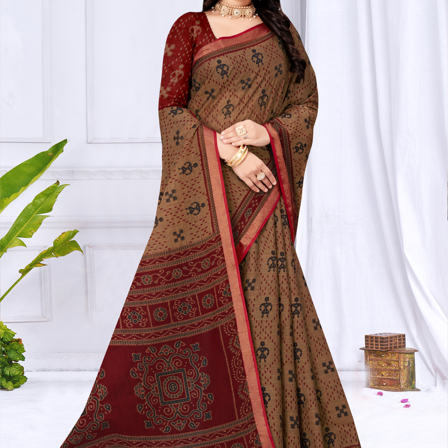 Brown & Maroon muslin saree