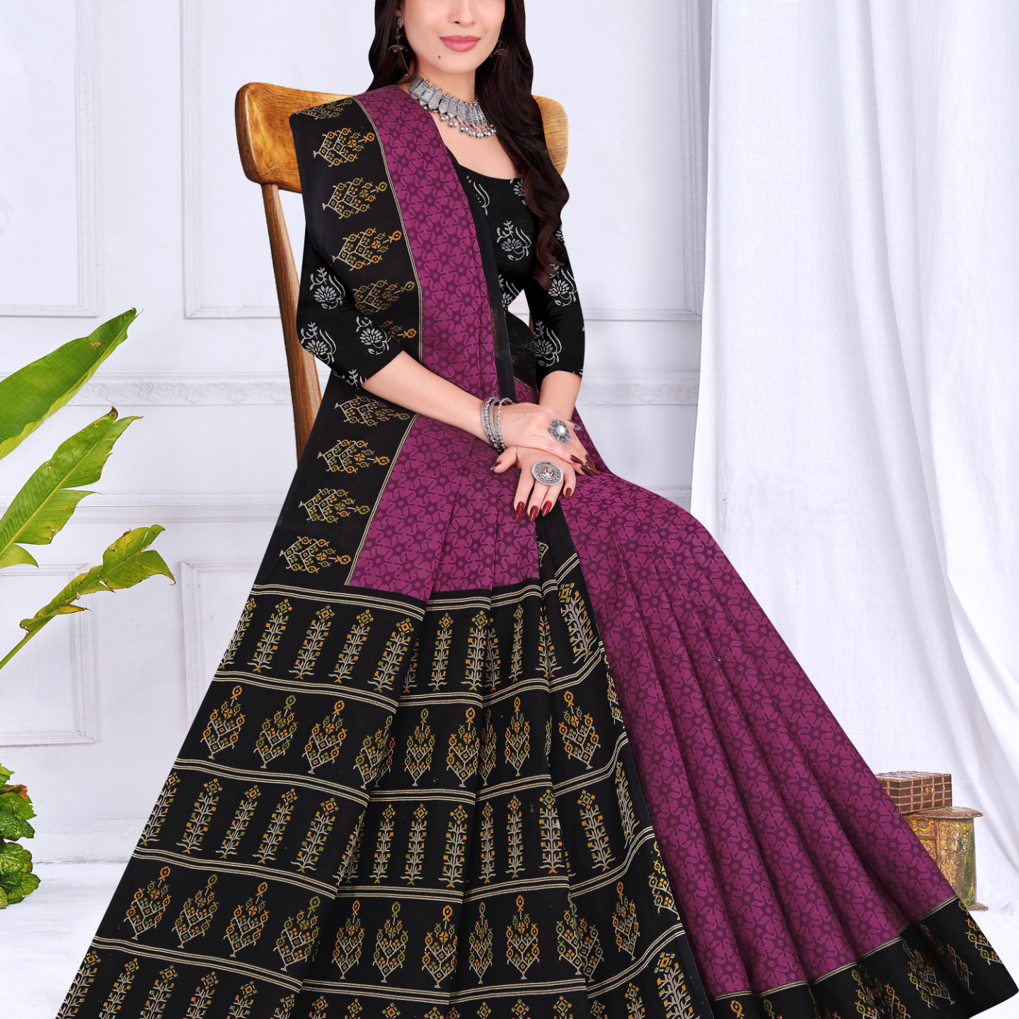 Magenta & Black muslin saree
