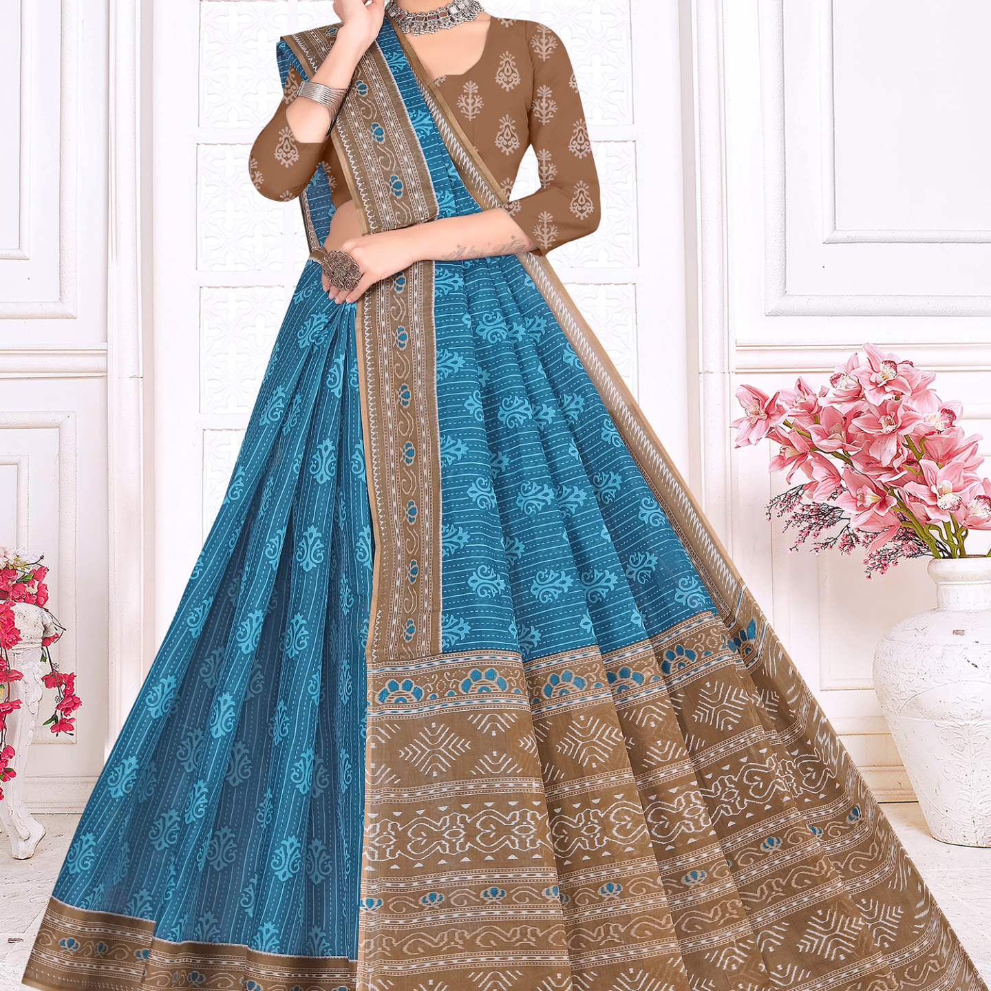 Blue & Brown cotton saree [sku:KN-67469]