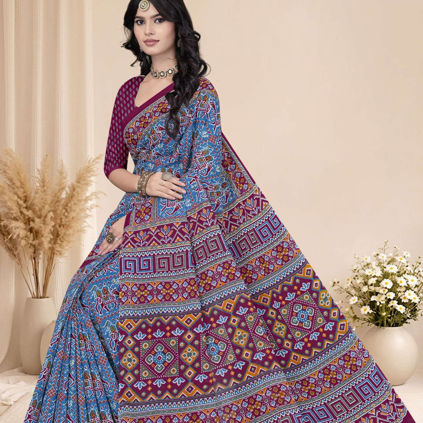 Blue & Magenta cotton saree [sku:BV-23311]