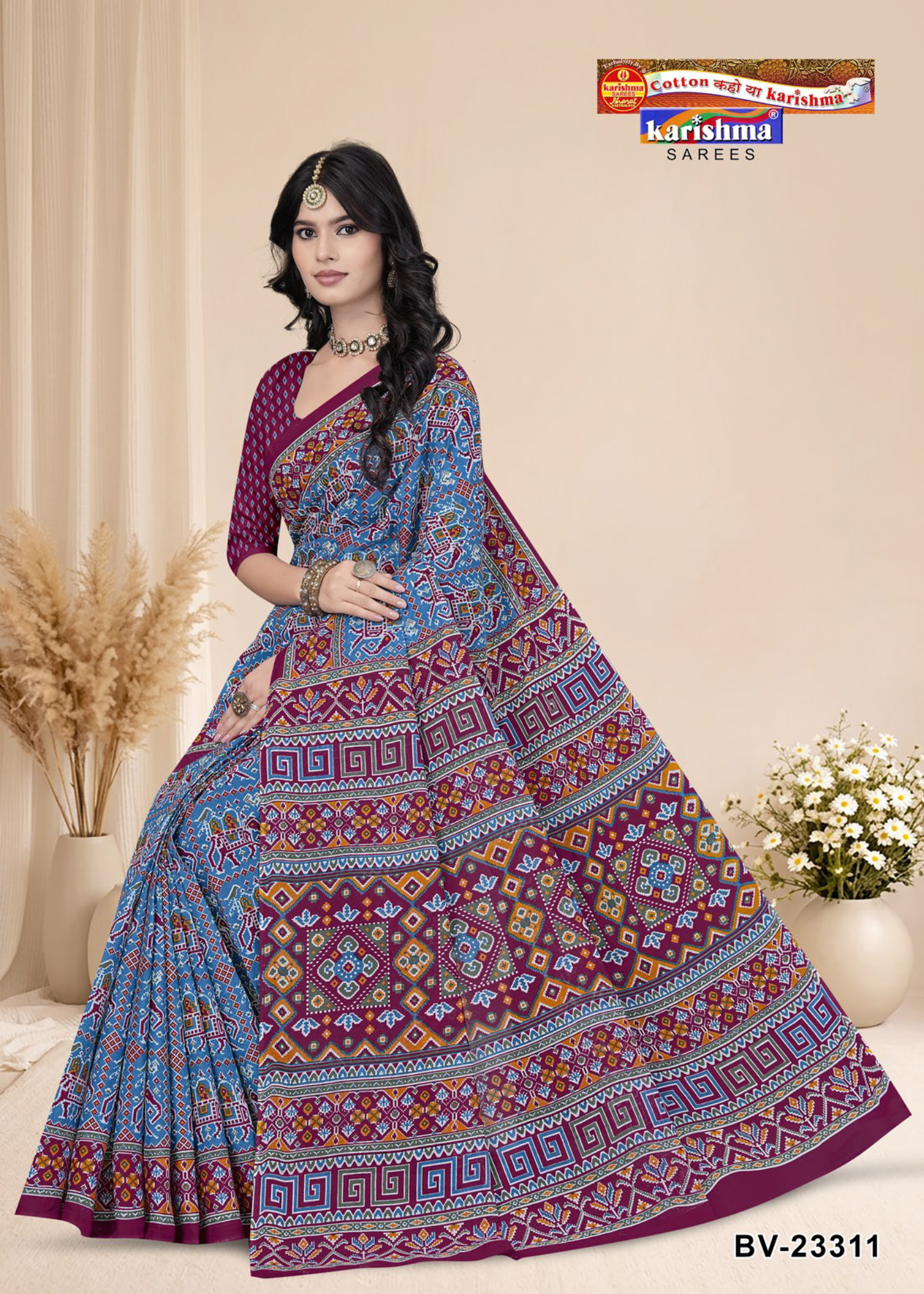 Blue & Magenta cotton saree [sku:BV-23311]