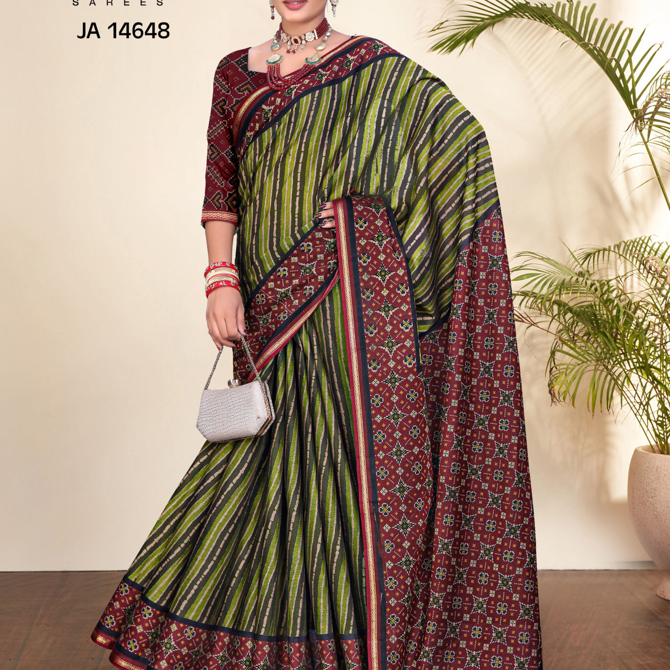 Green & Maroon muslin saree [sku:JA 14648]