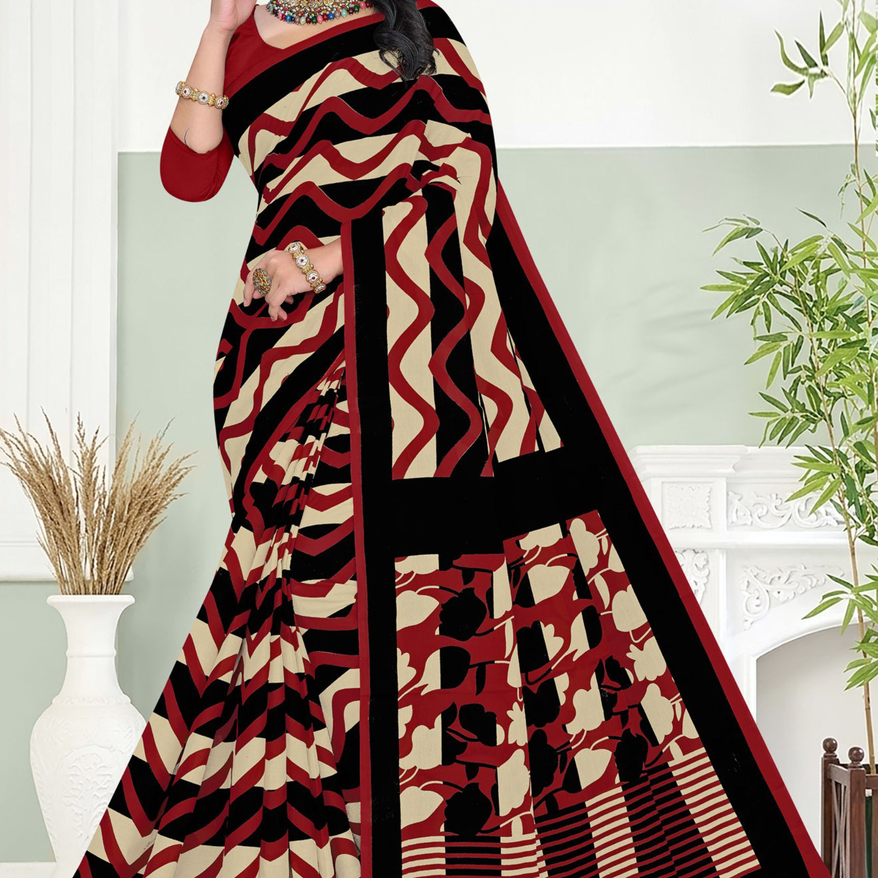 Black, Red & Beige soft cotton saree [sku:BV-23731]