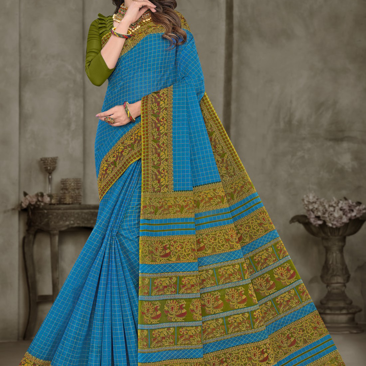 Sky Blue and Olive Green cotton saree [sku:BV-24796]