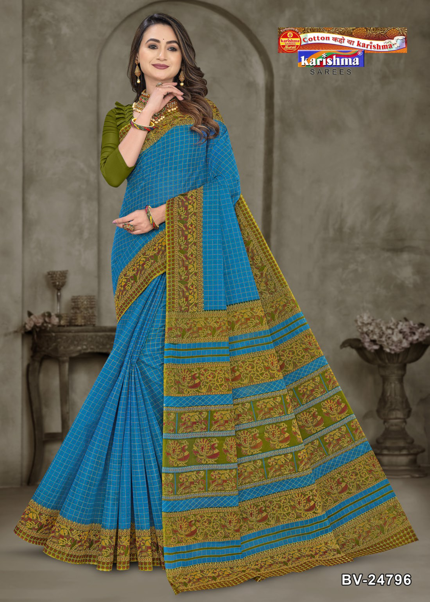 Sky Blue and Olive Green cotton saree [sku:BV-24796]