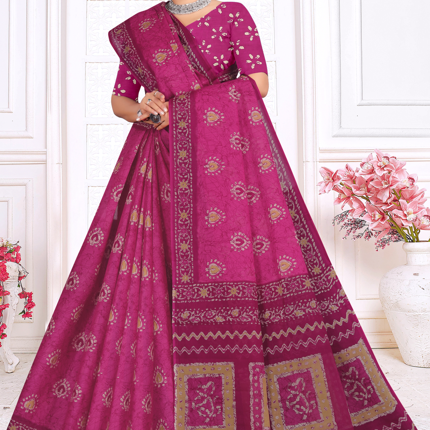 Magenta Pink cotton saree [sku:KN-67523]