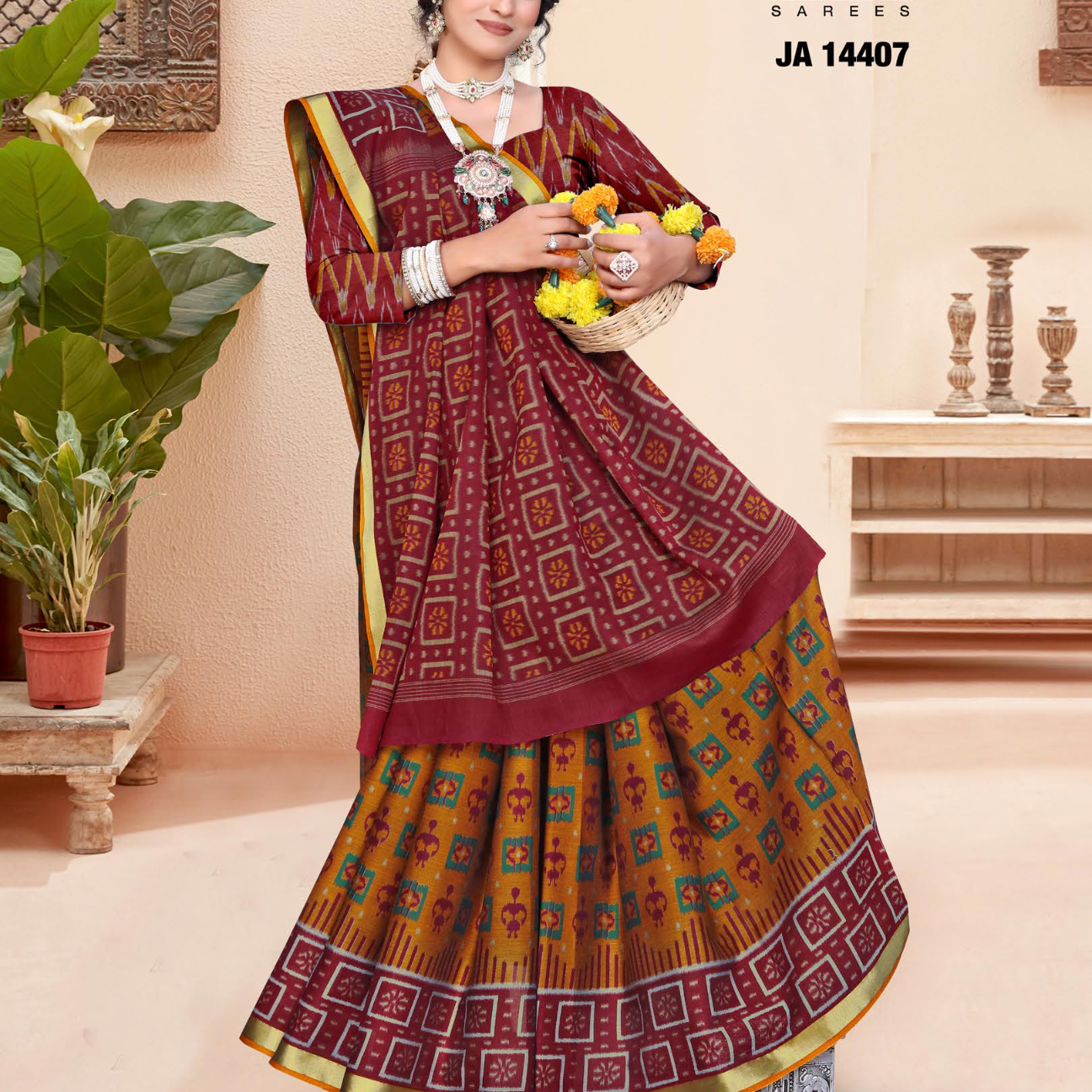 Maroon & Mustard muslin saree [sku:JA-14407]
