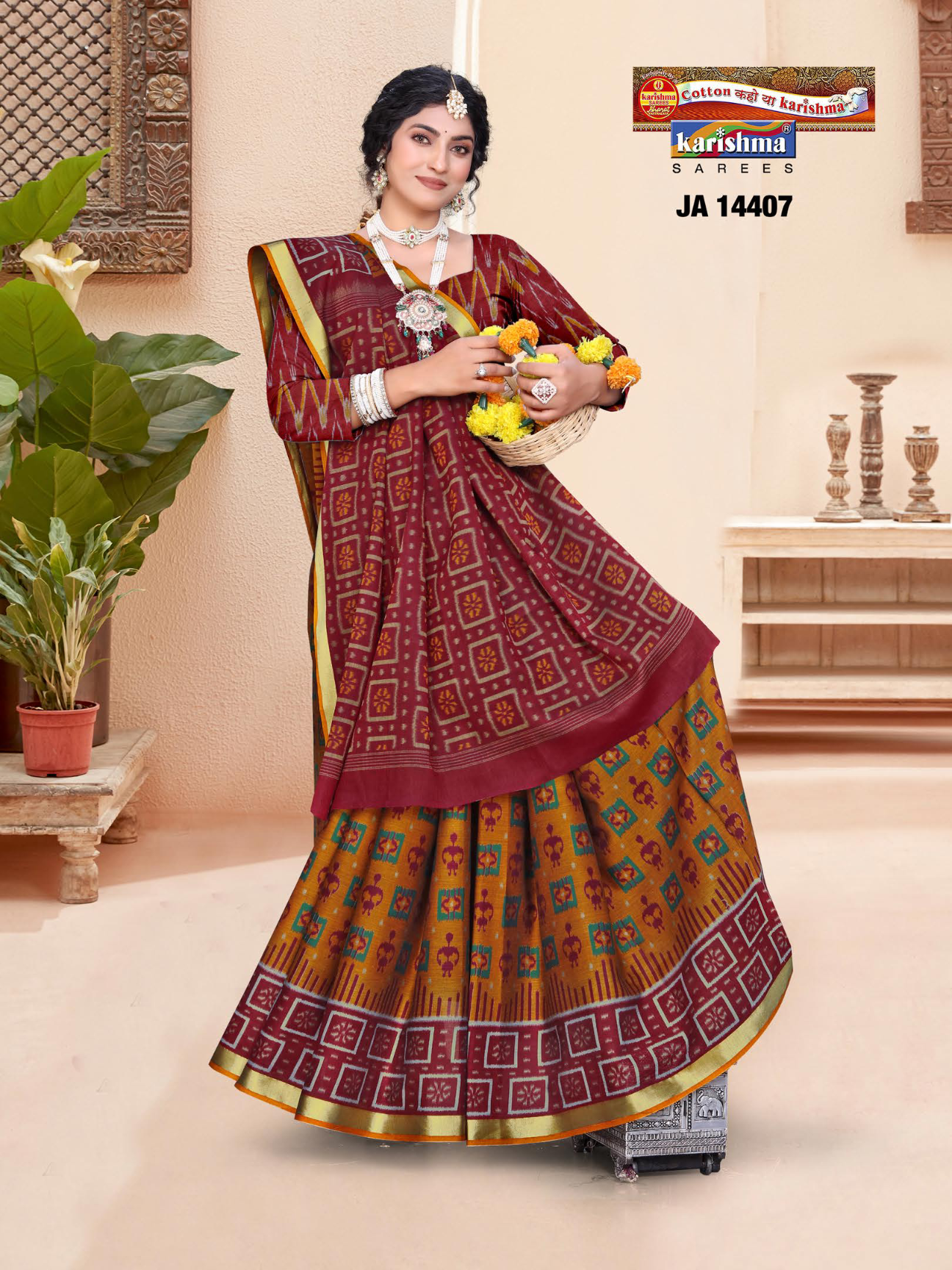 Maroon & Mustard muslin saree [sku:JA-14407]
