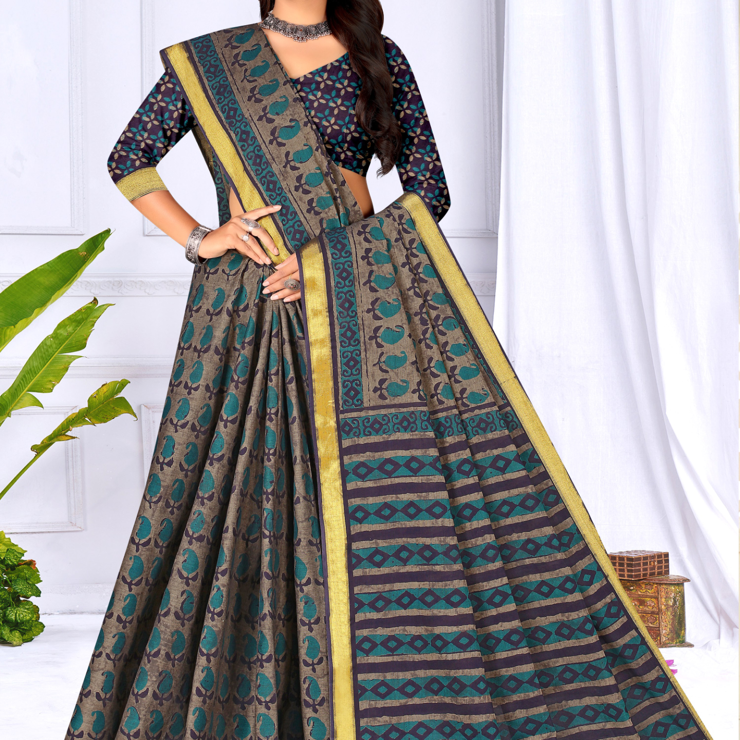 Dark Blue muslin saree [sku:KN-65908]