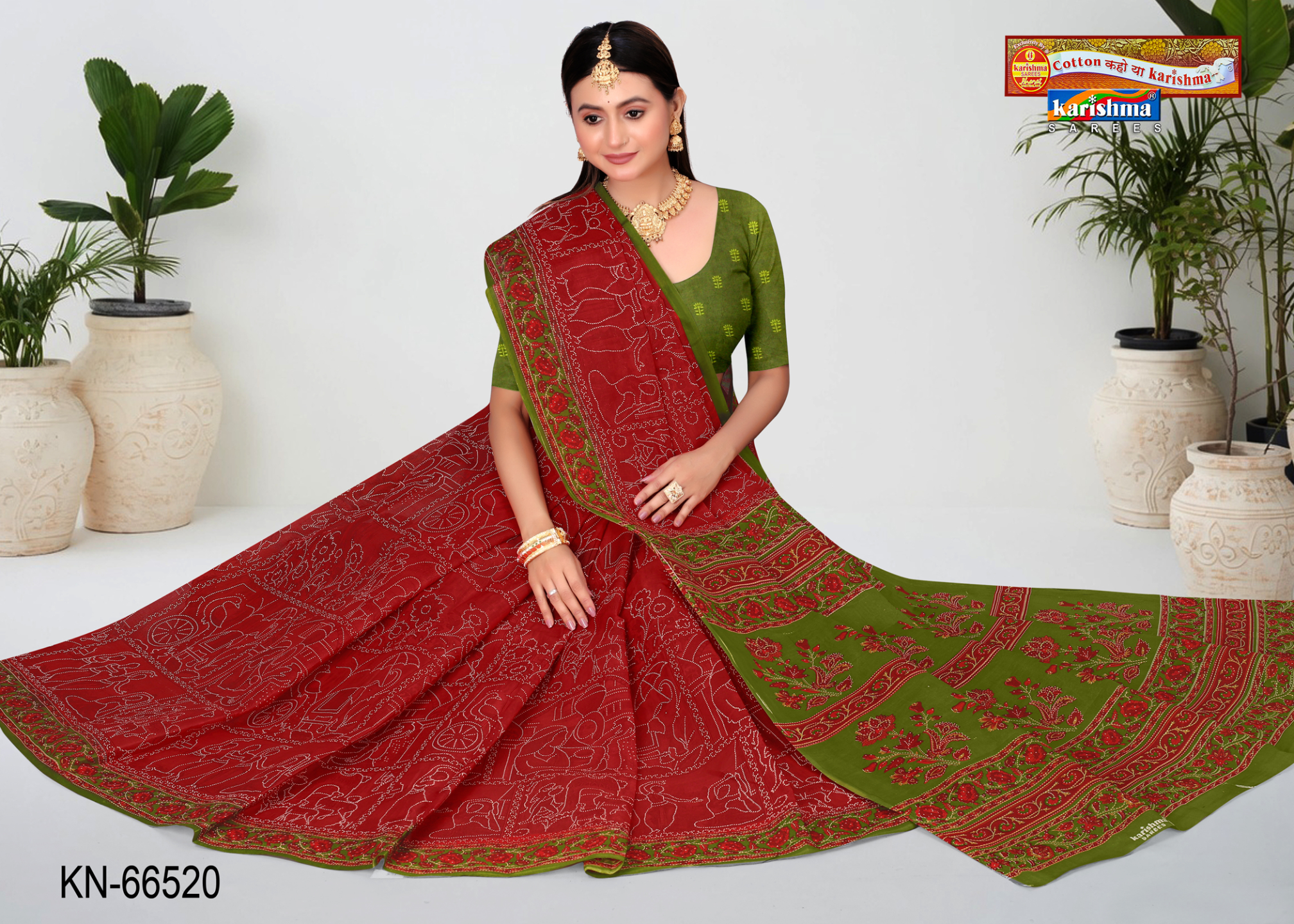 Maroon & Green cotton saree [sku:KN-66520]