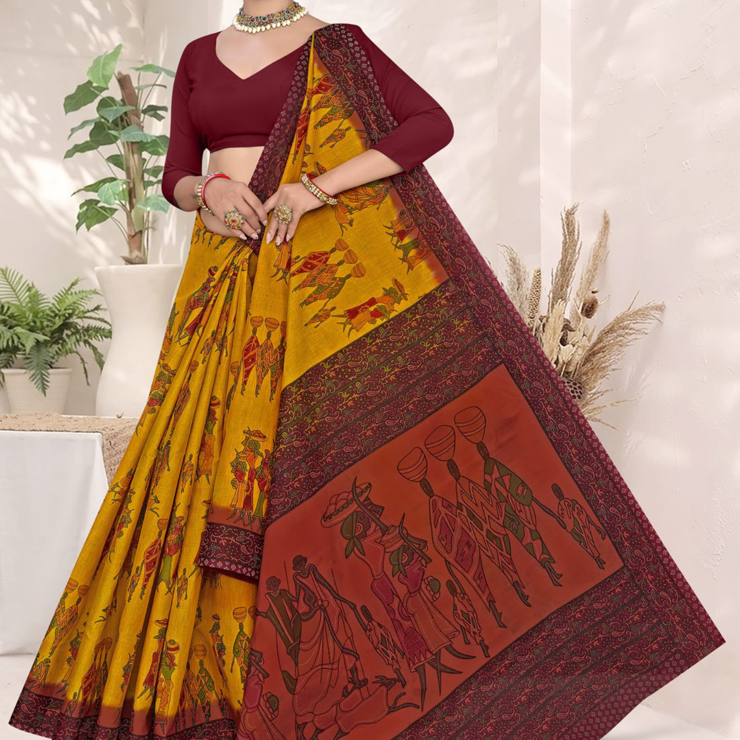 Yellow and Maroon cotton saree [sku:BV-24273]