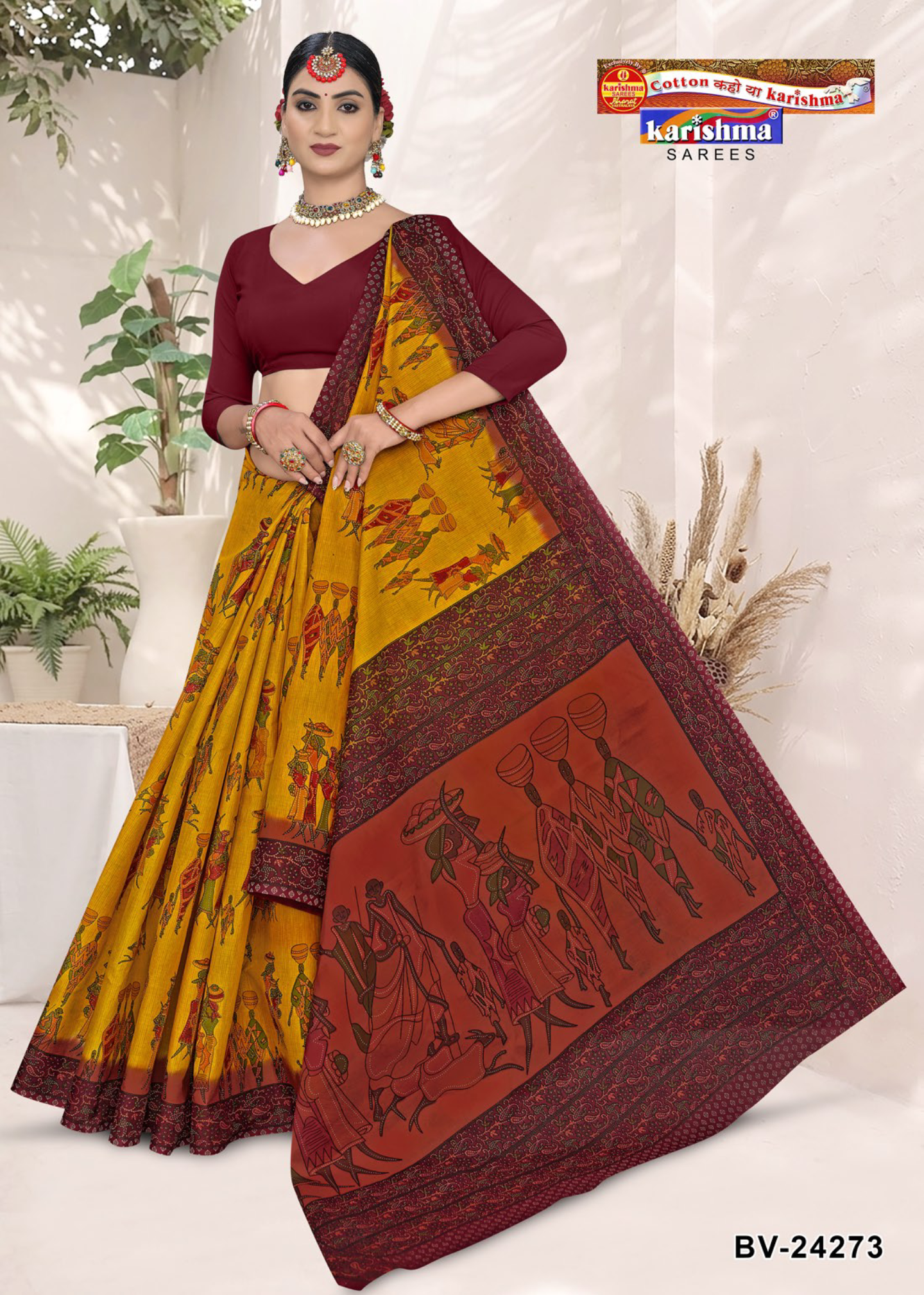 Yellow and Maroon cotton saree [sku:BV-24273]