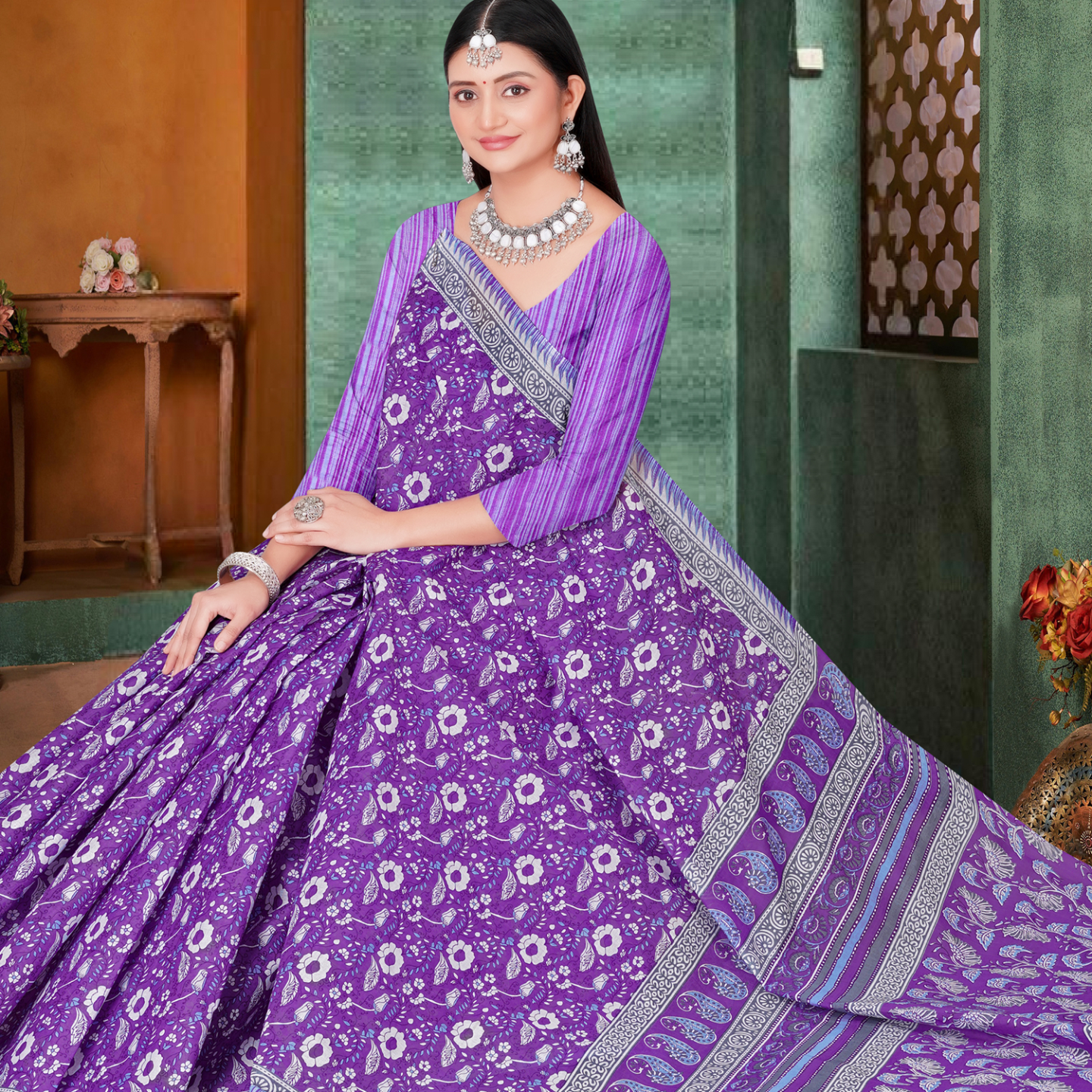 Purple cotton saree