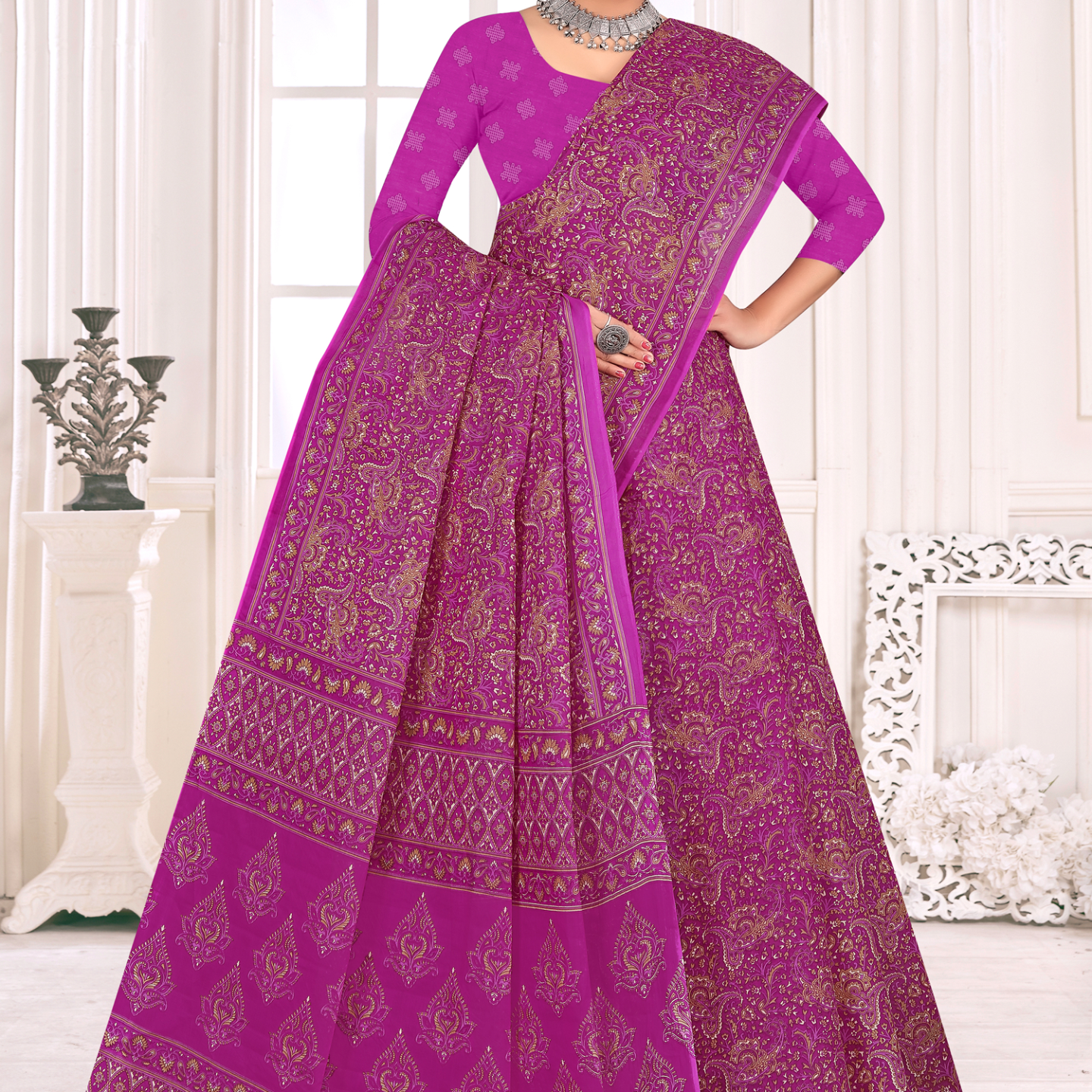 Purple Violet cotton saree [sku:KN-66975]