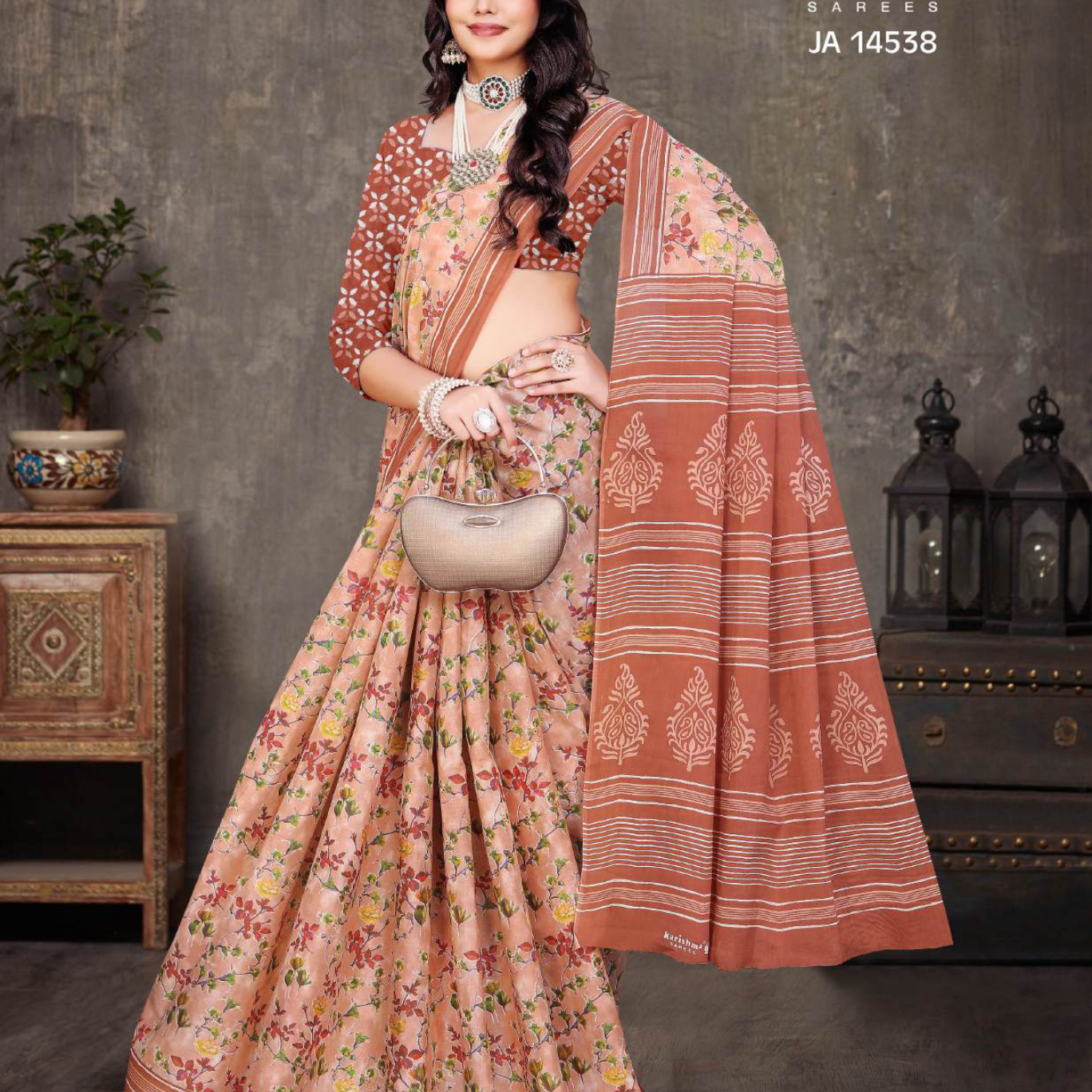 Peach and Terracotta soft cotton saree [sku:JA 14538]