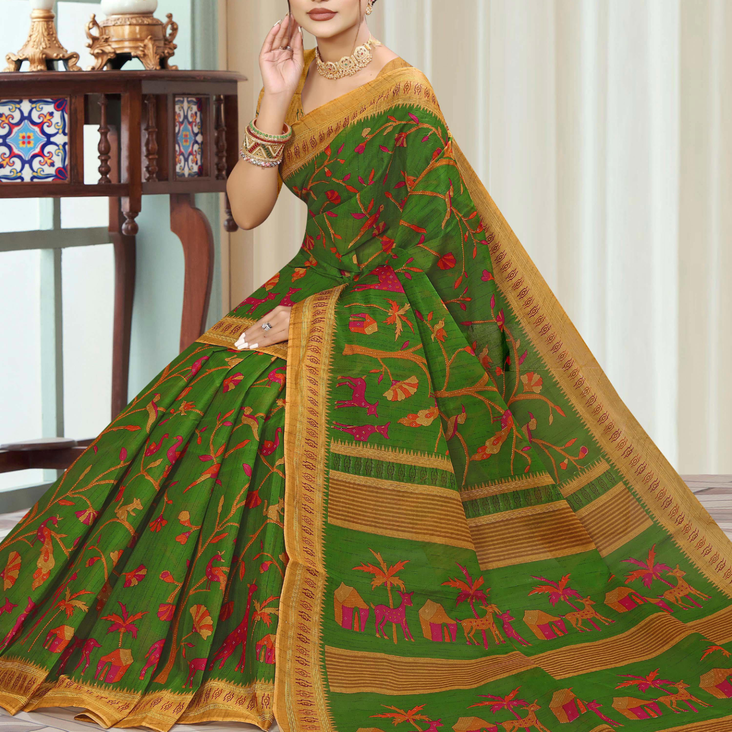 Green & Mustard cotton saree [sku:KN-46863]