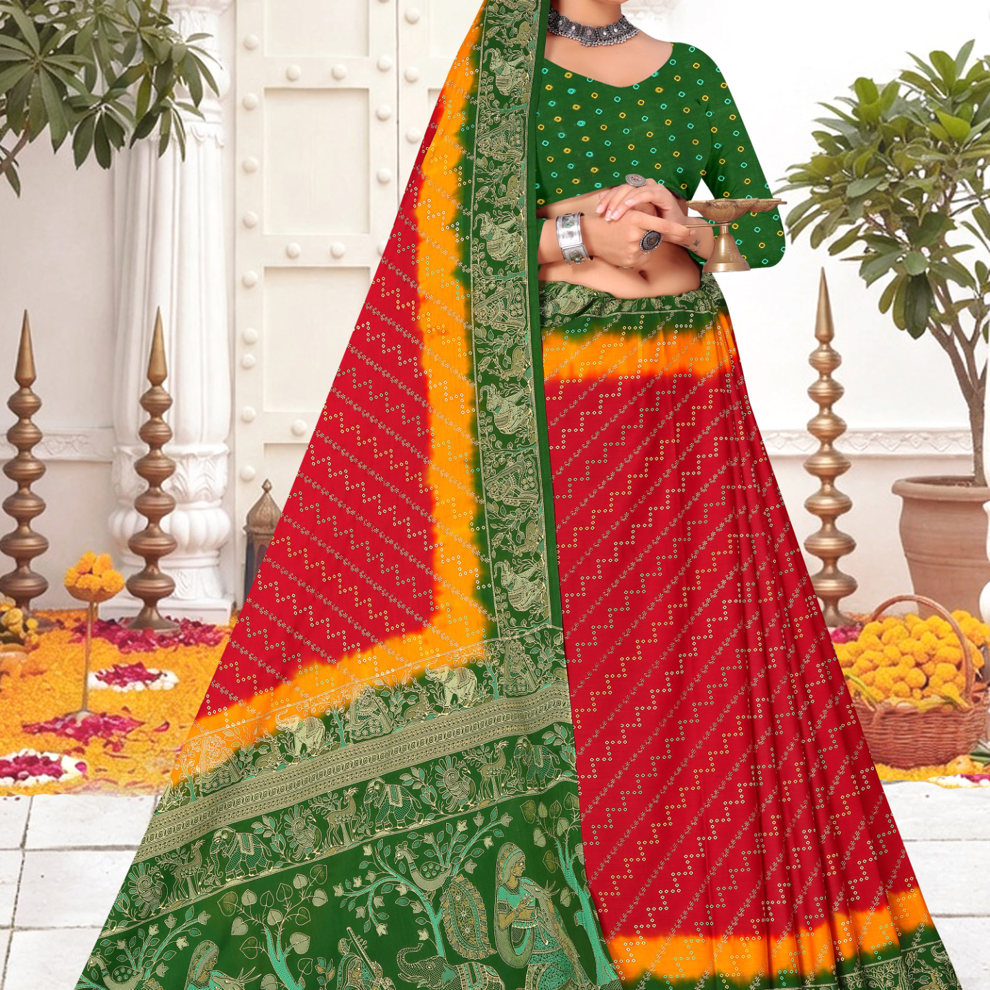 Red and Green malai saree [sku:KN-67901]