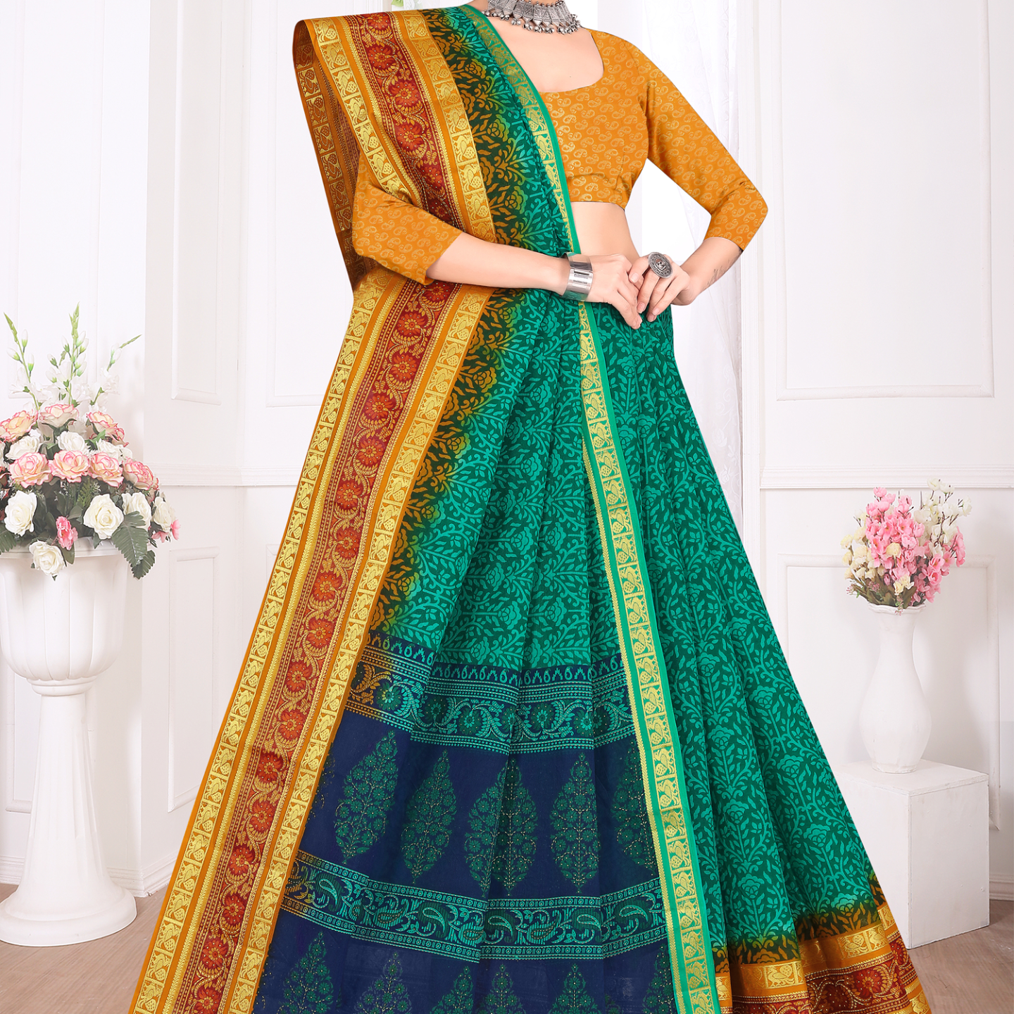 Green and Navy Blue cotton saree