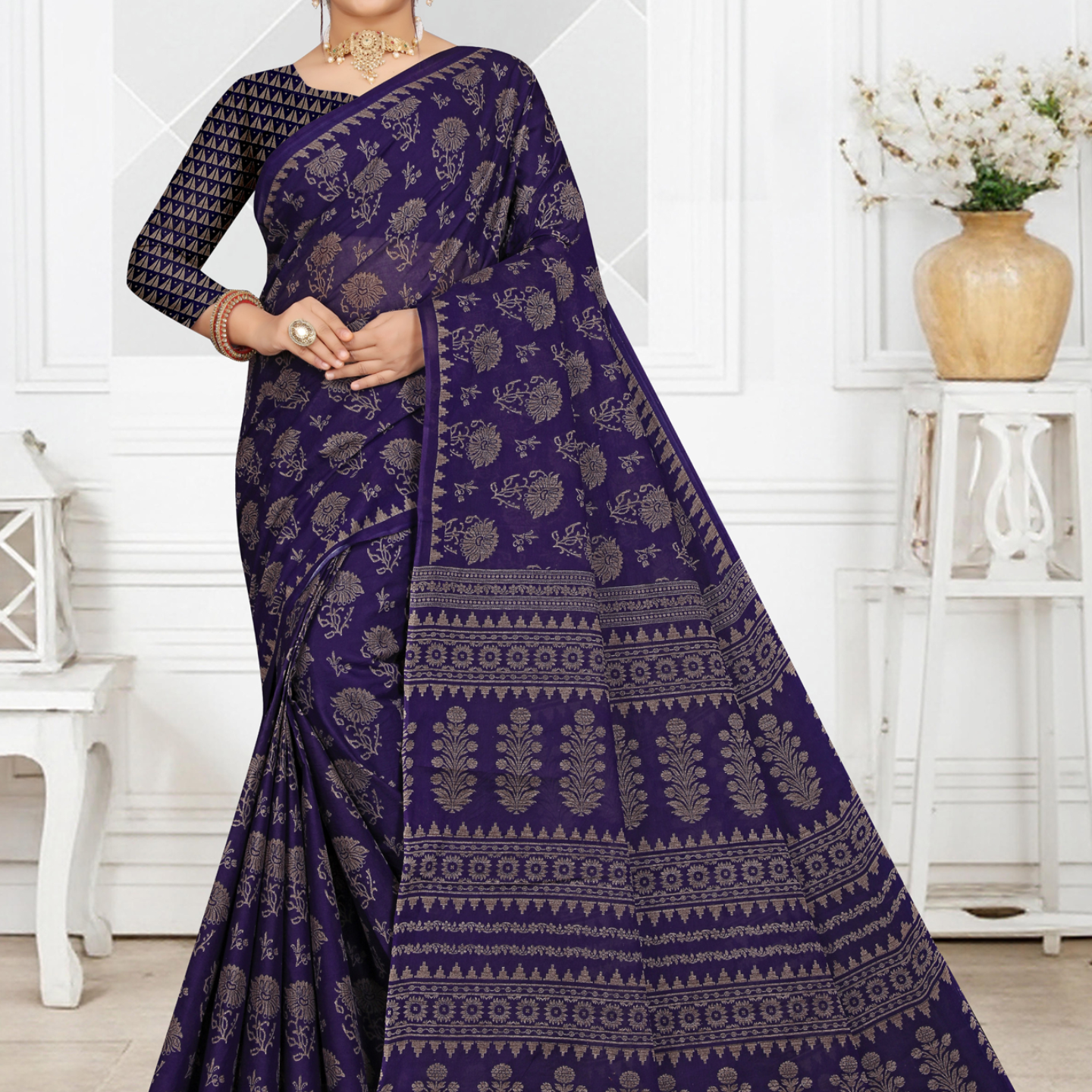 Navy Blue cotton saree