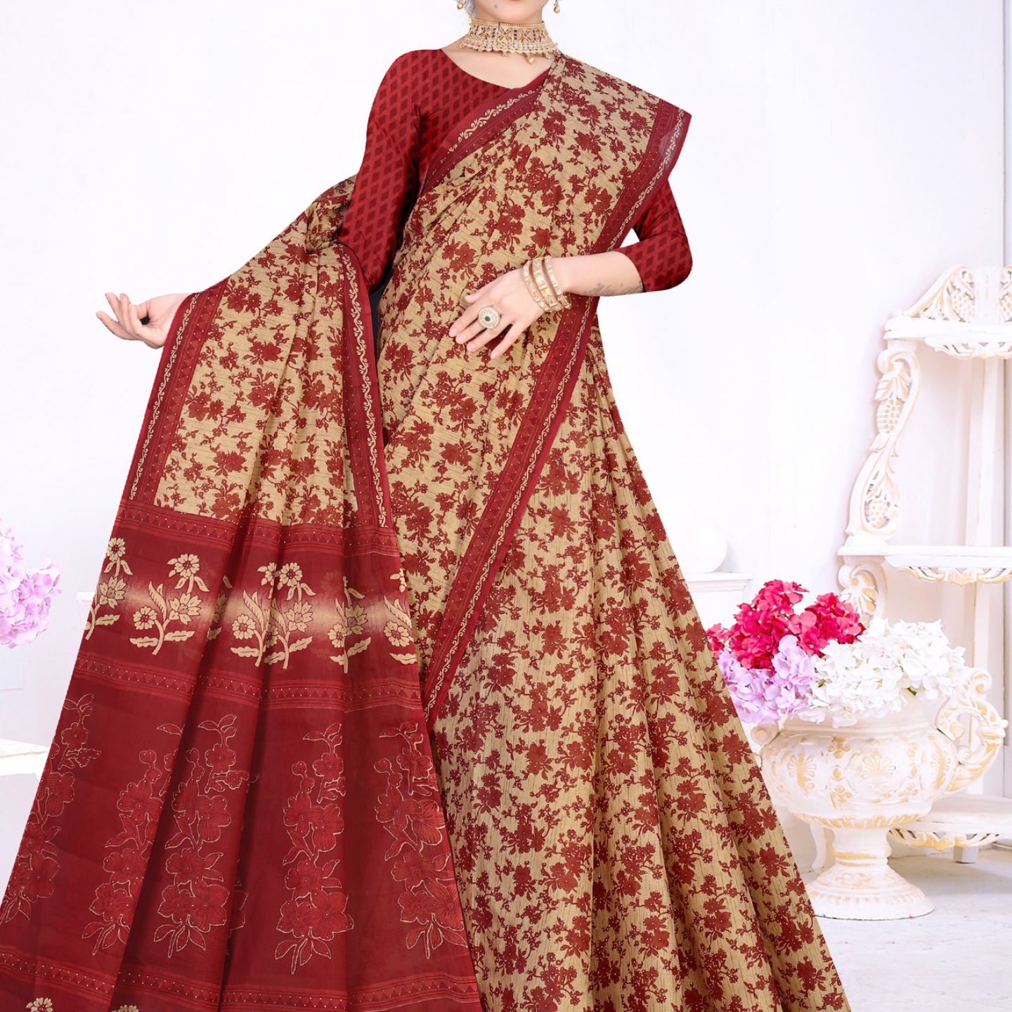 Maroon & Beige cotton saree [sku:KN-57988]