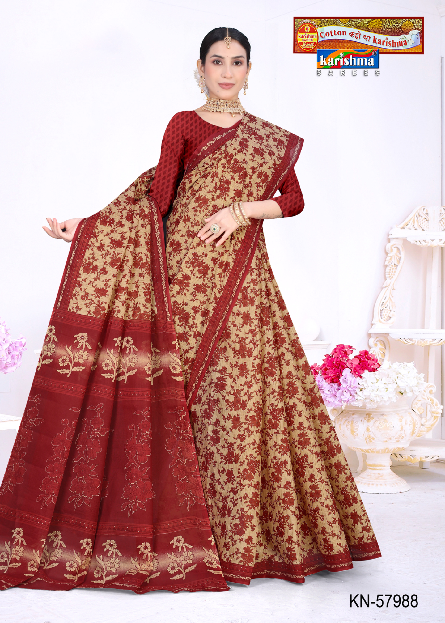 Maroon & Beige cotton saree [sku:KN-57988]