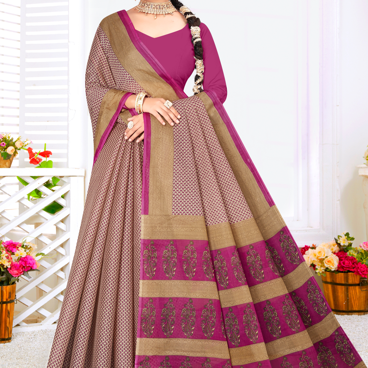 Magenta & Grey cotton saree [sku:KN-68765]