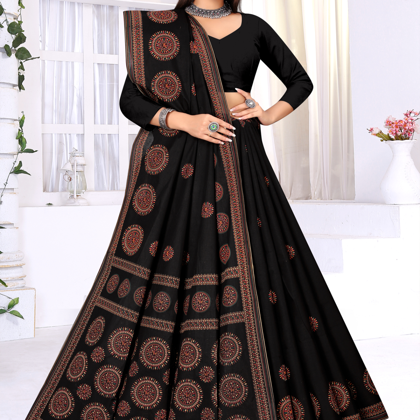 Black cotton saree [sku:KN-50774]