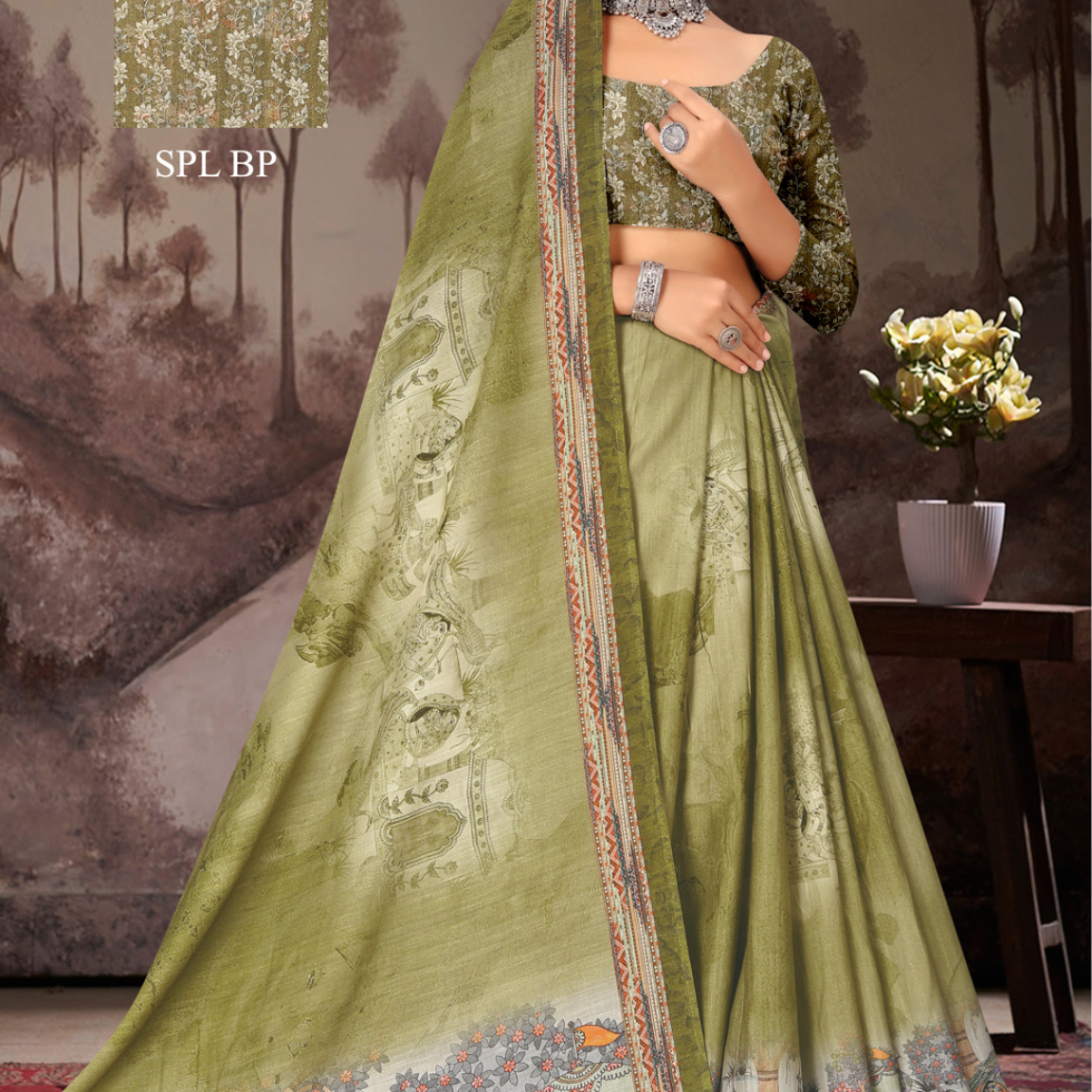 Olive Green malai saree [sku:KN-68409]
