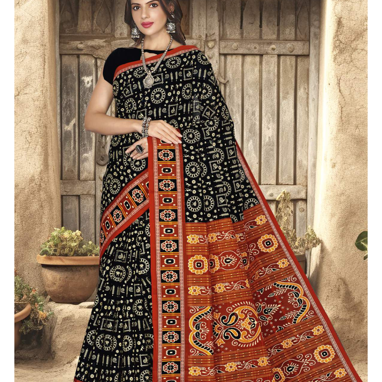 Black and Rust Red cotton saree