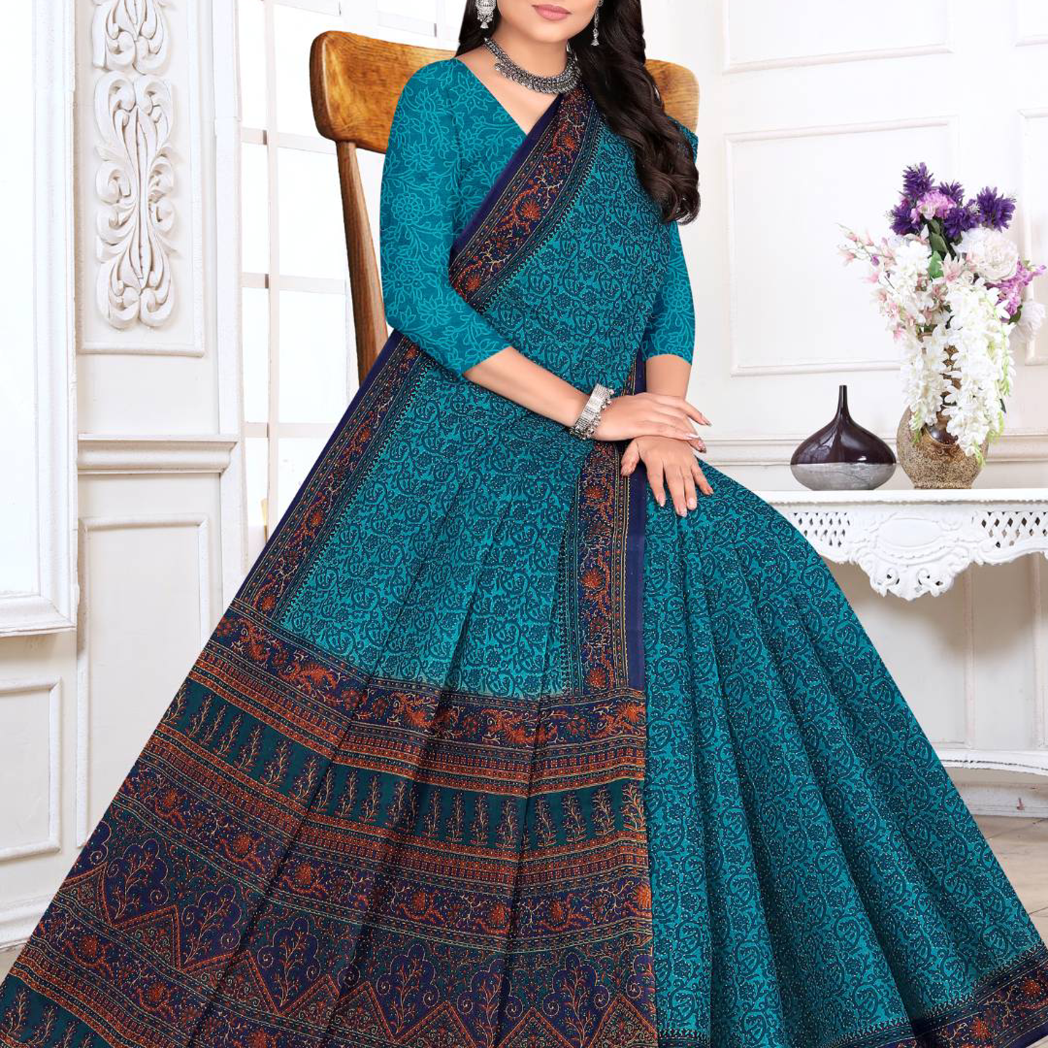 Teal Blue cotton saree [sku:KN-67658]