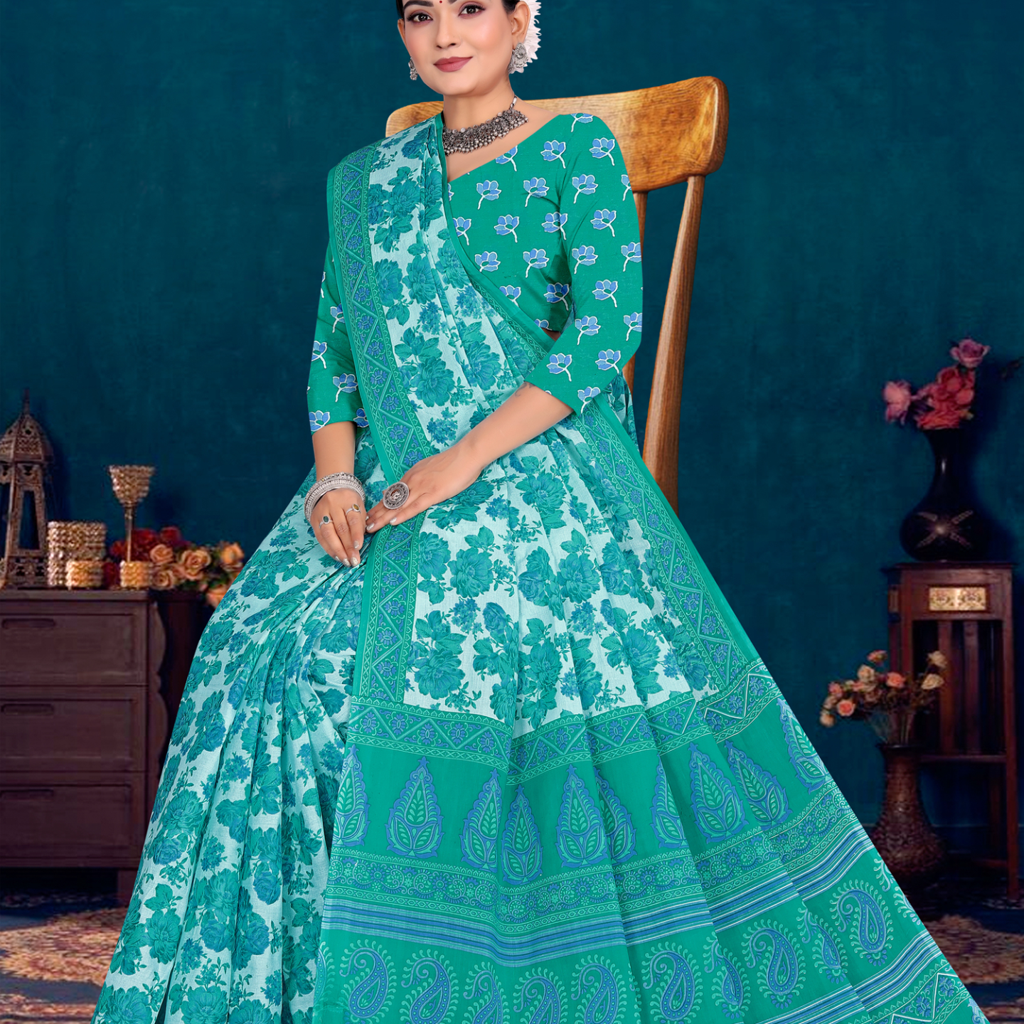 Green and Teal cotton saree [sku:KN-66606]