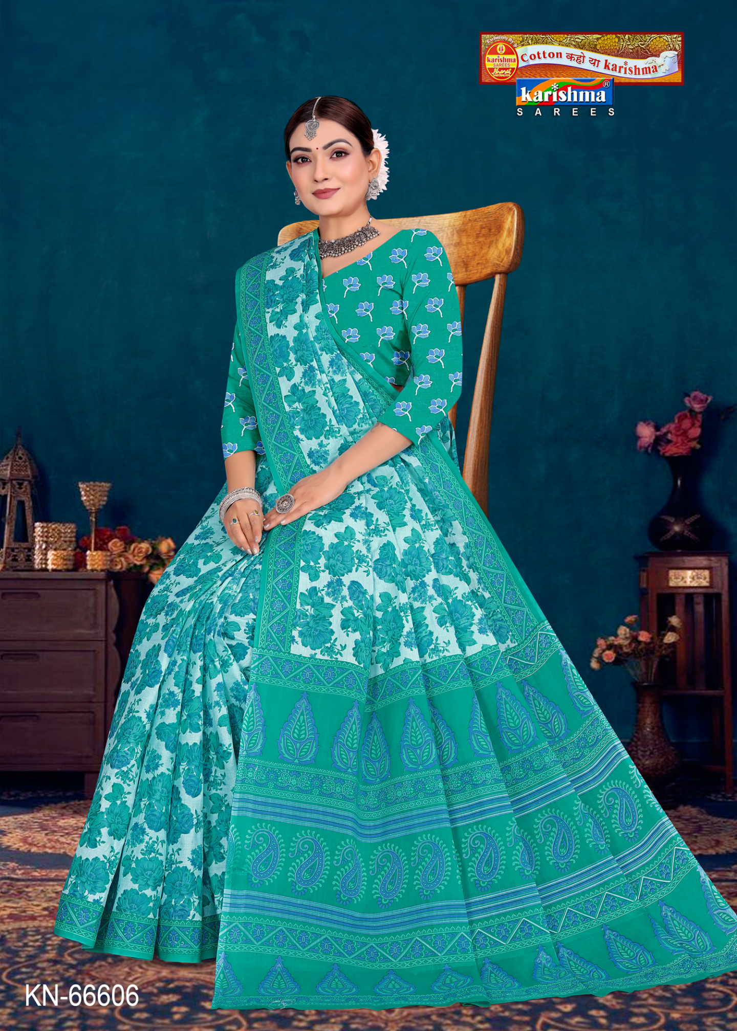 Green and Teal cotton saree [sku:KN-66606]