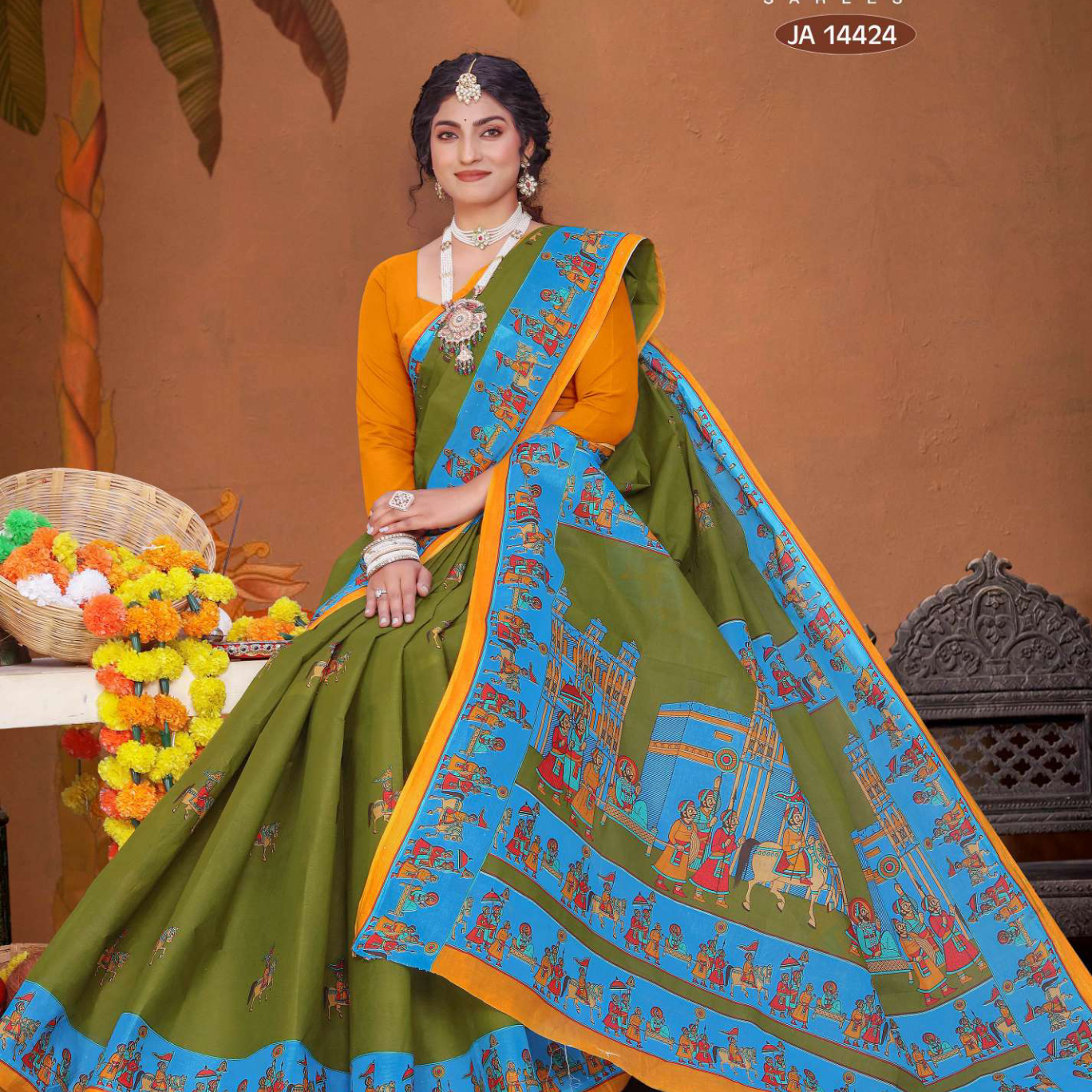 Olive Green & Blue cotton saree