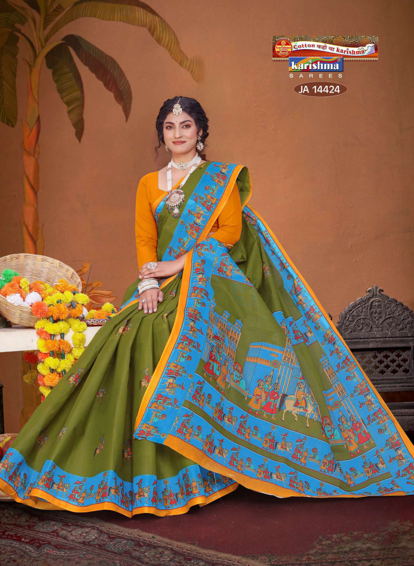 Olive Green & Blue cotton saree
