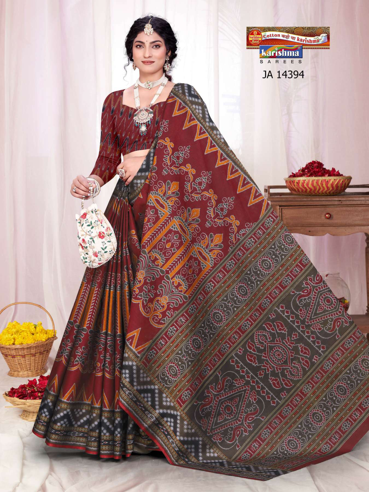 Maroon & Grey muslin saree